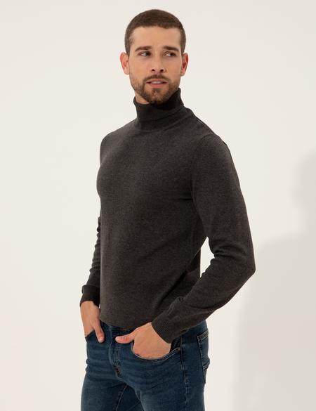 Gri Melanj Slim Fit Balıkçı Yaka Basic Triko Kazak - 50257158043