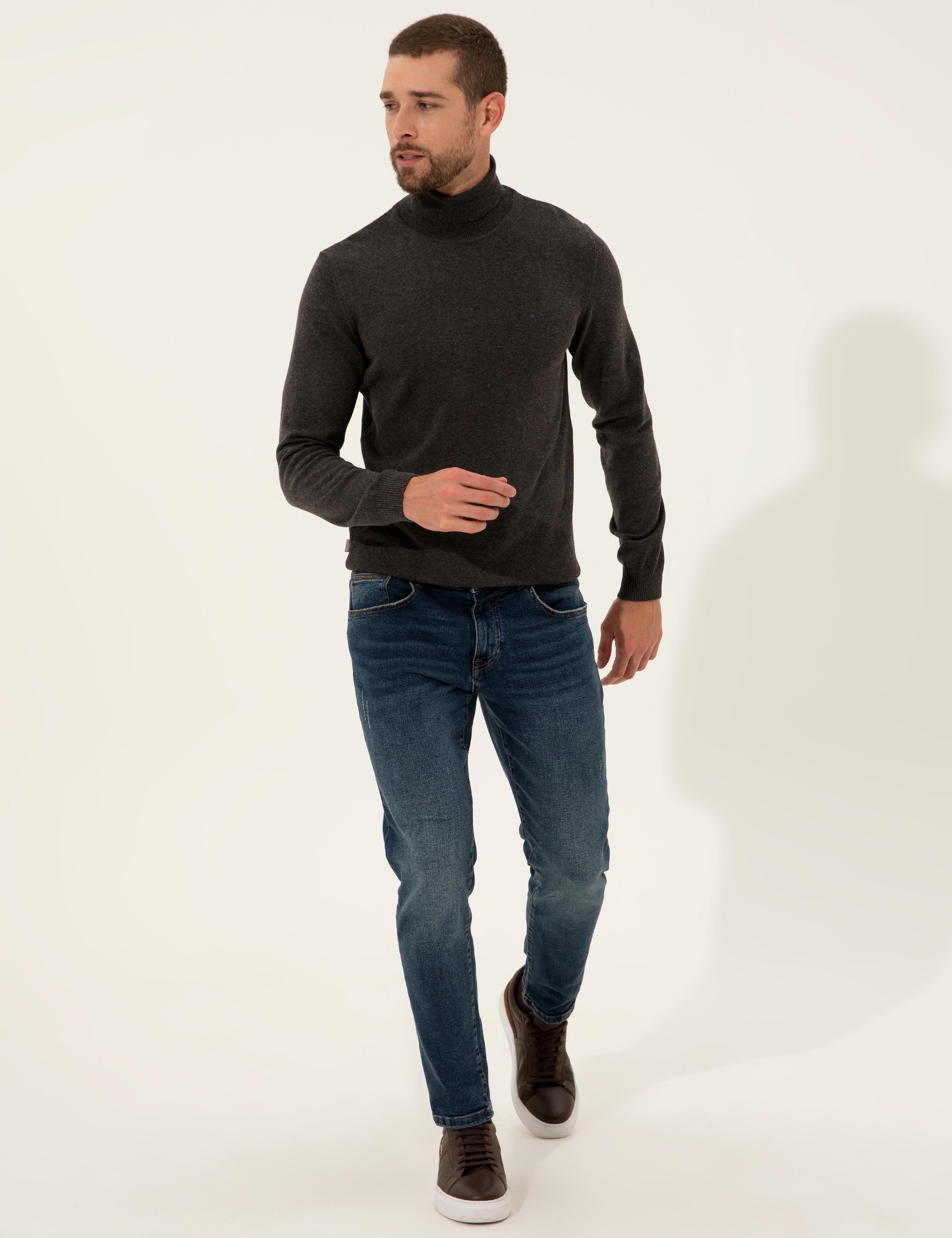Gri Melanj Slim Fit Balıkçı Yaka Basic Triko Kazak