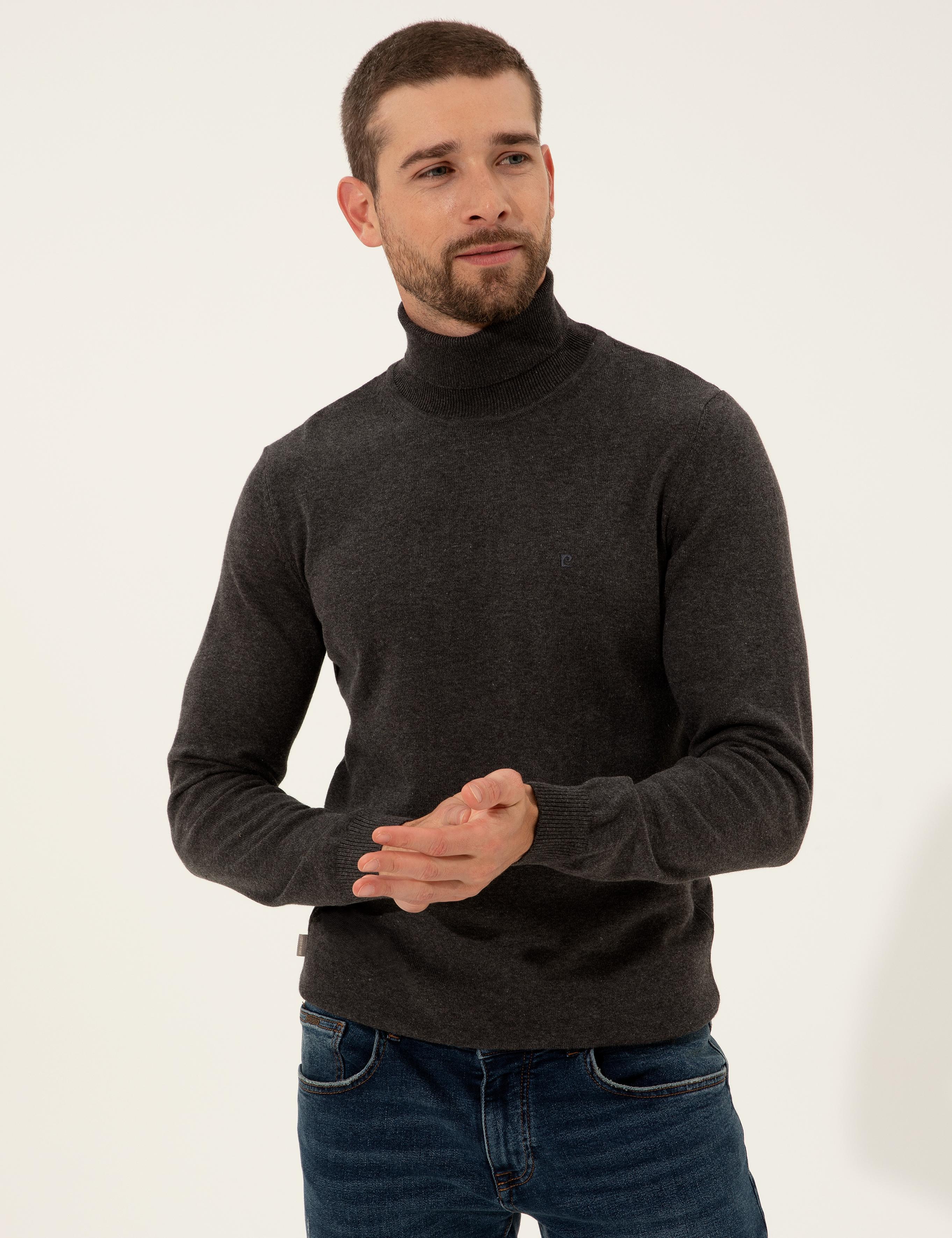 Gri Melanj Slim Fit Balıkçı Yaka Basic Triko Kazak