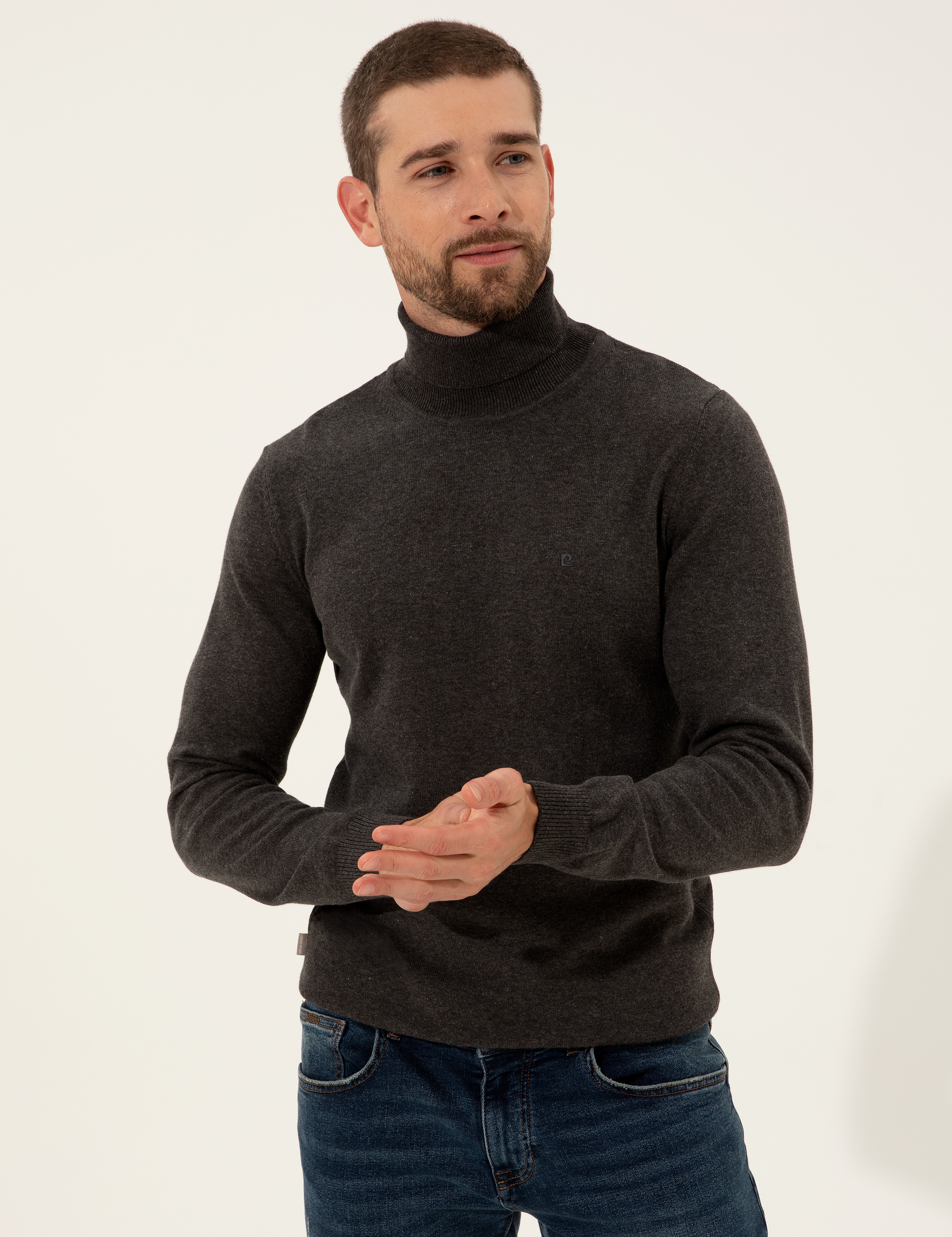 Gri Melanj Slim Fit Balıkçı Yaka Basic Triko Kazak - Image 1