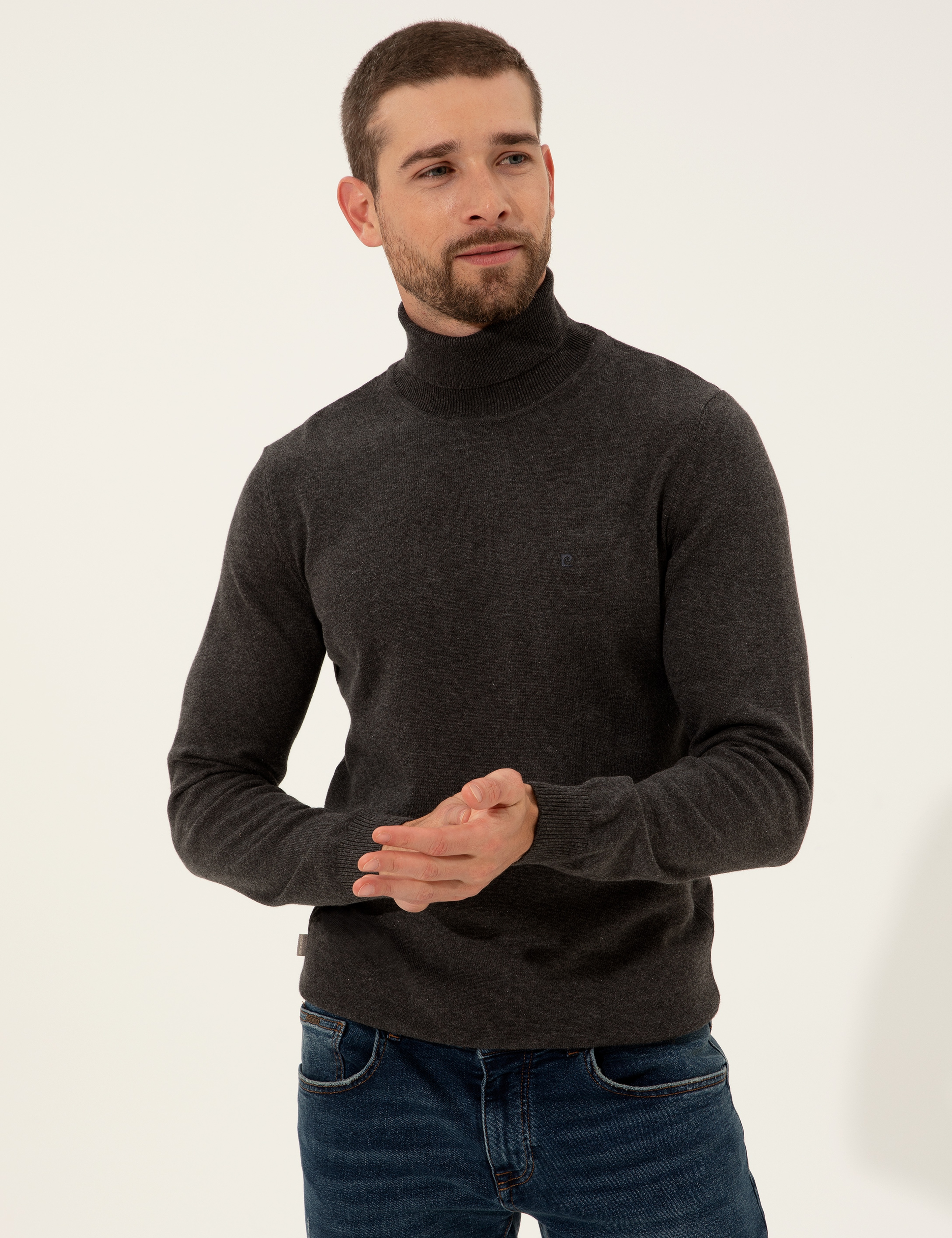 Gri Melanj Slim Fit Balıkçı Yaka Basic Triko Kazak