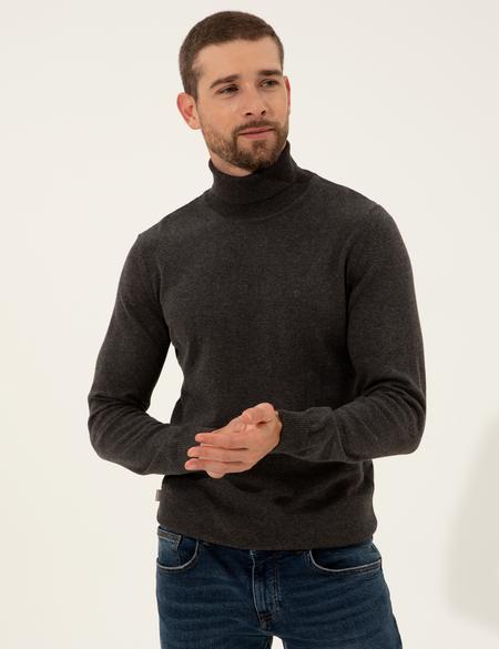 Gri Melanj Slim Fit Balıkçı Yaka Basic Triko Kazak - 50257158043