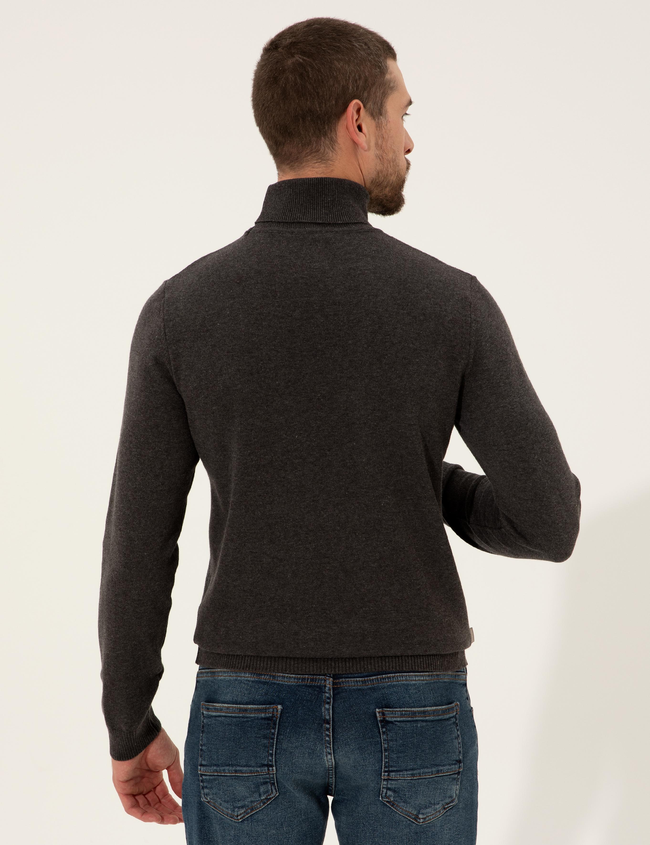 Gri Melanj Slim Fit Balıkçı Yaka Basic Triko Kazak