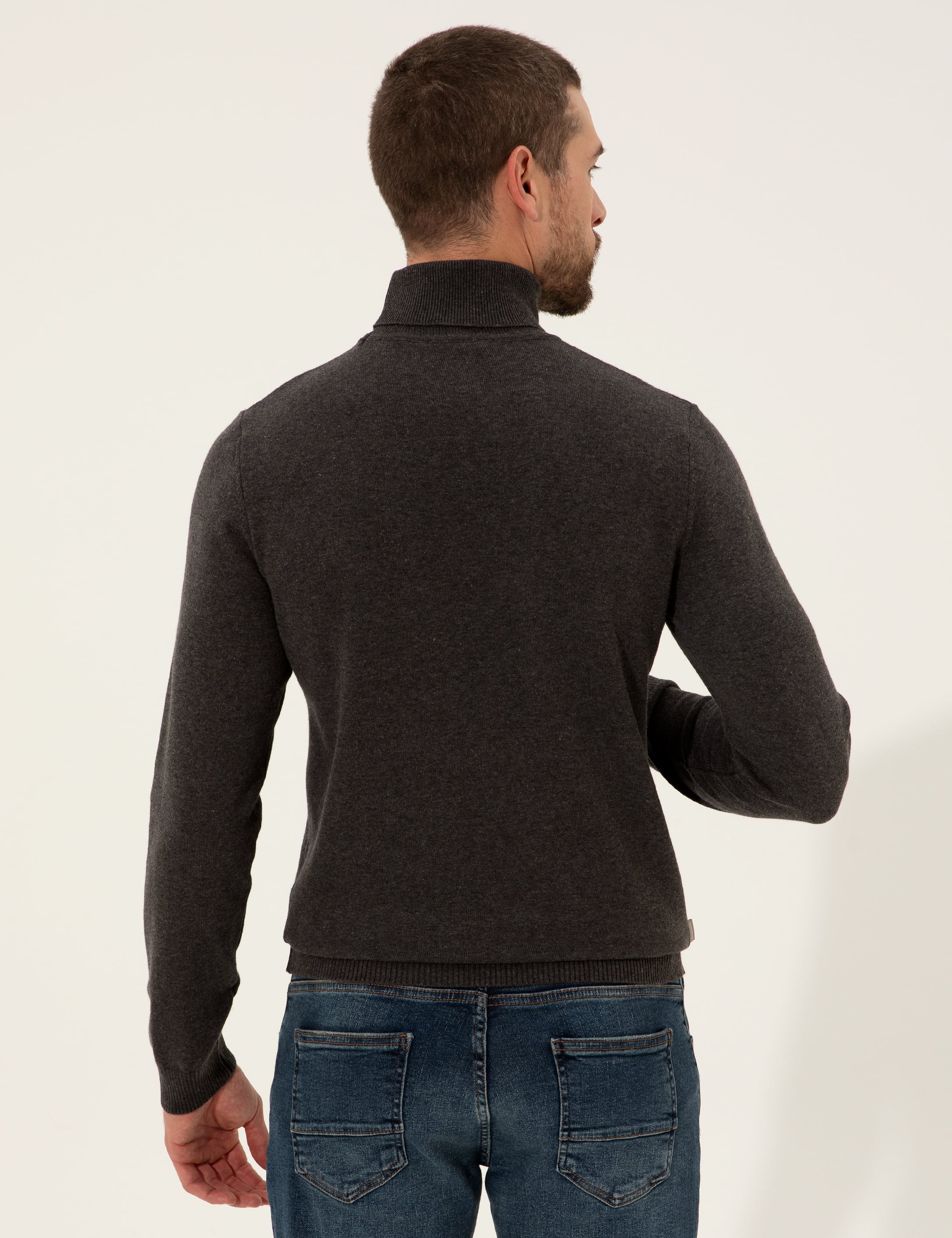 Gri Melanj Slim Fit Balıkçı Yaka Basic Triko Kazak