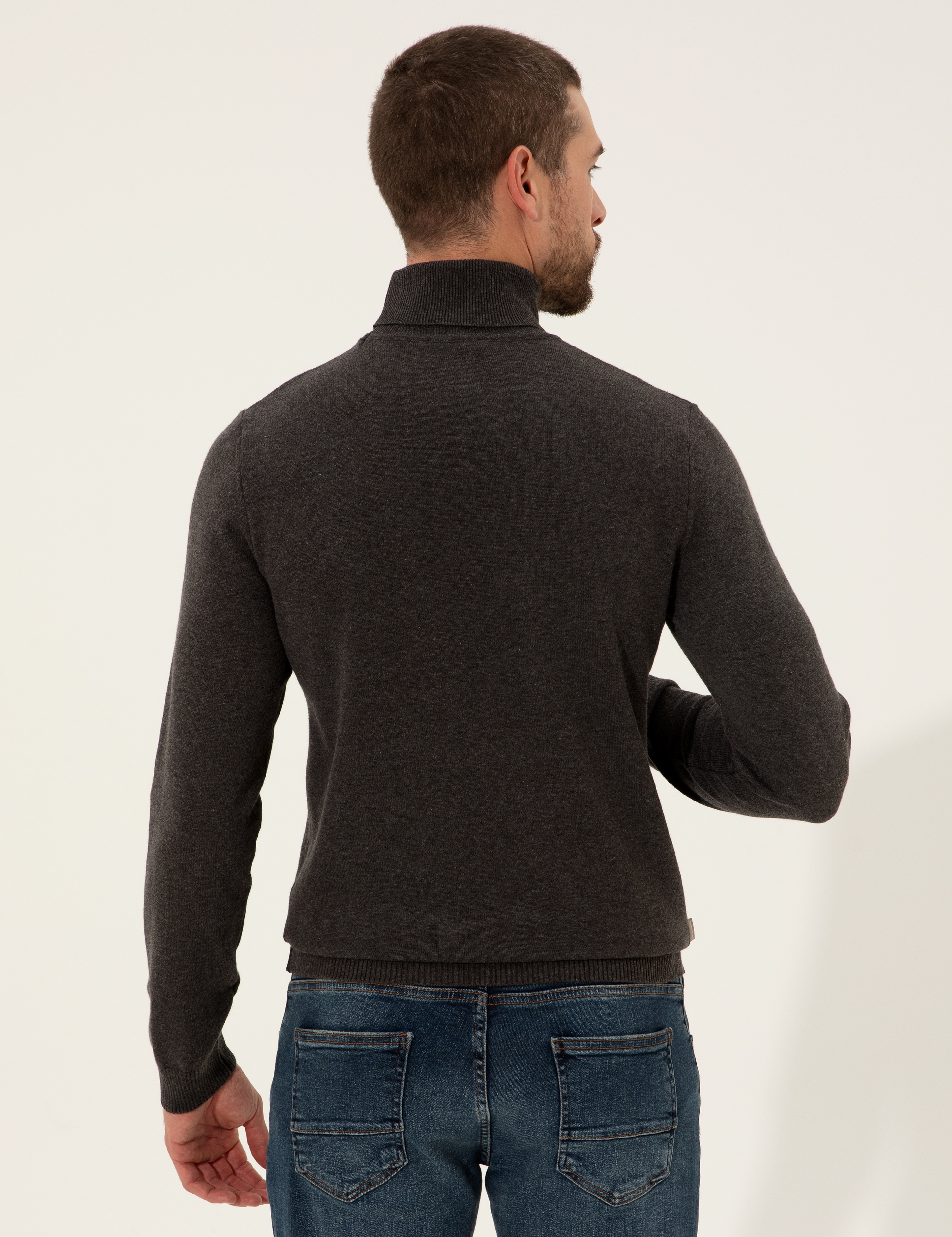 Gri Melanj Slim Fit Balıkçı Yaka Basic Triko Kazak - Image 5