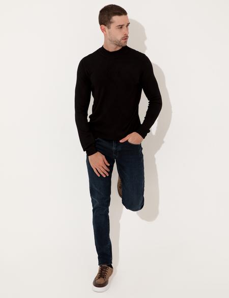 Siyah Slim Fit Çeyrek Yaka Triko Kazak - 50241453017