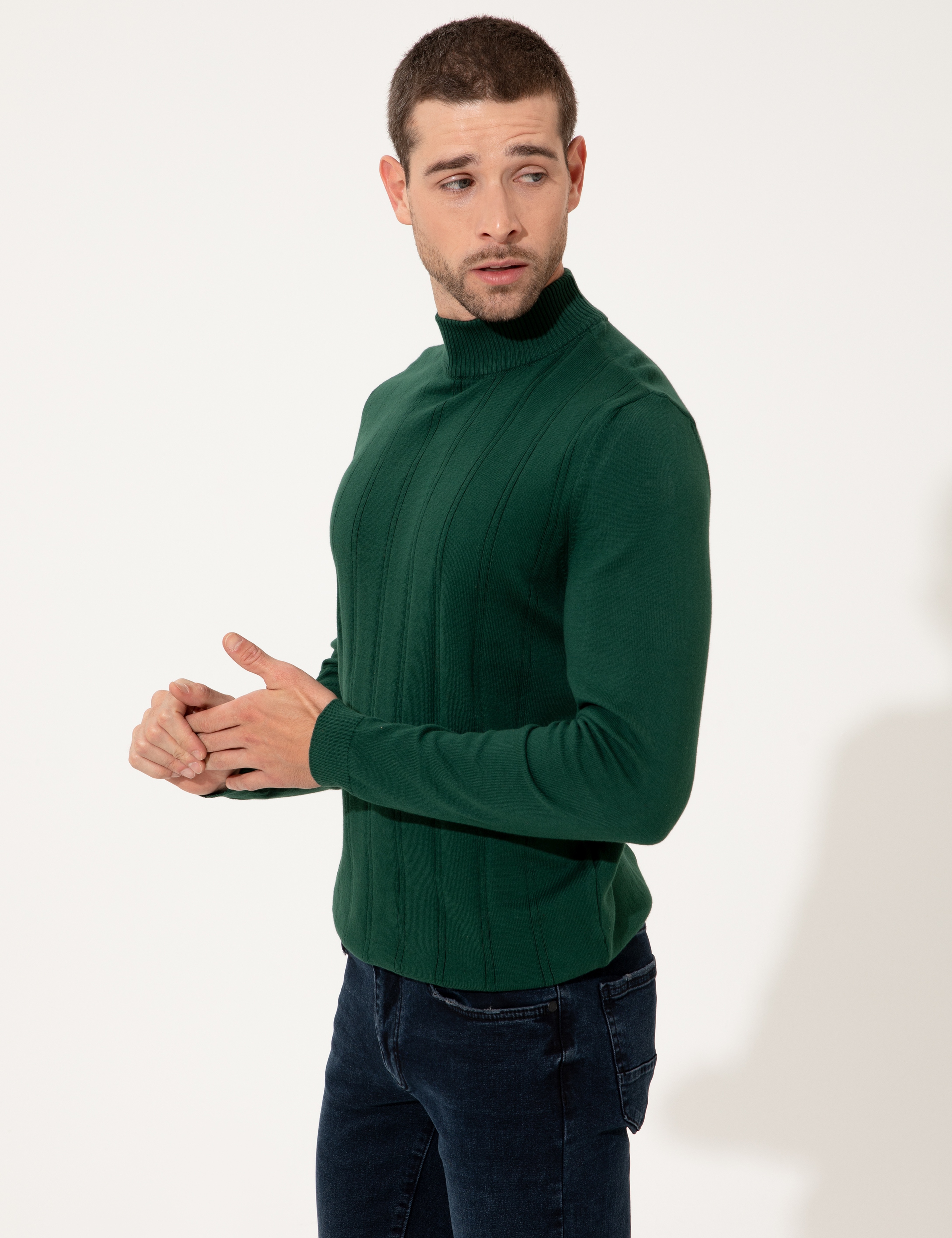 Yeşil Slim Fit Yarım Balıkçı Triko Kazak - Image 4