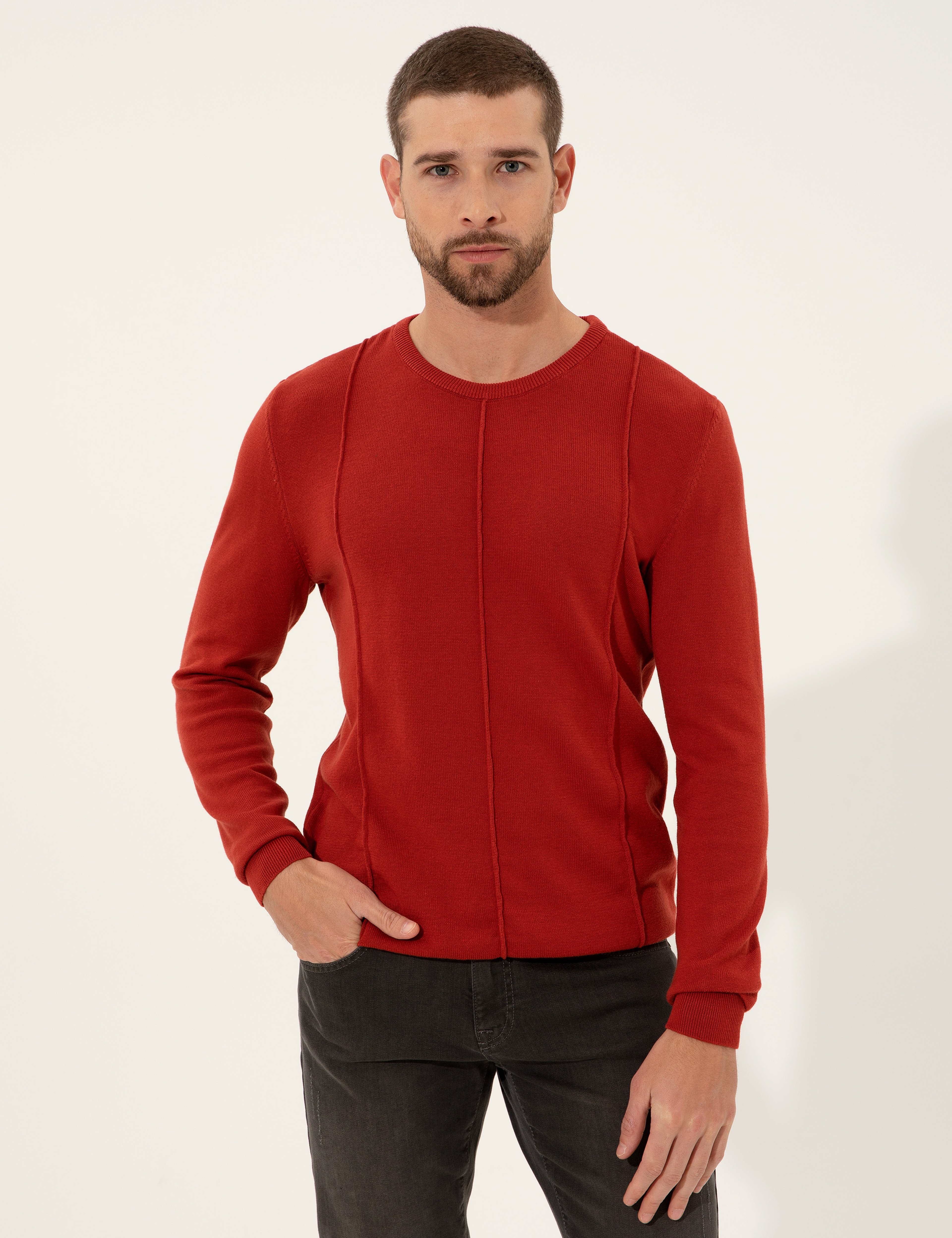 Kiremit Slim Fit Bisiklet Yaka Triko Kazak - Image 1