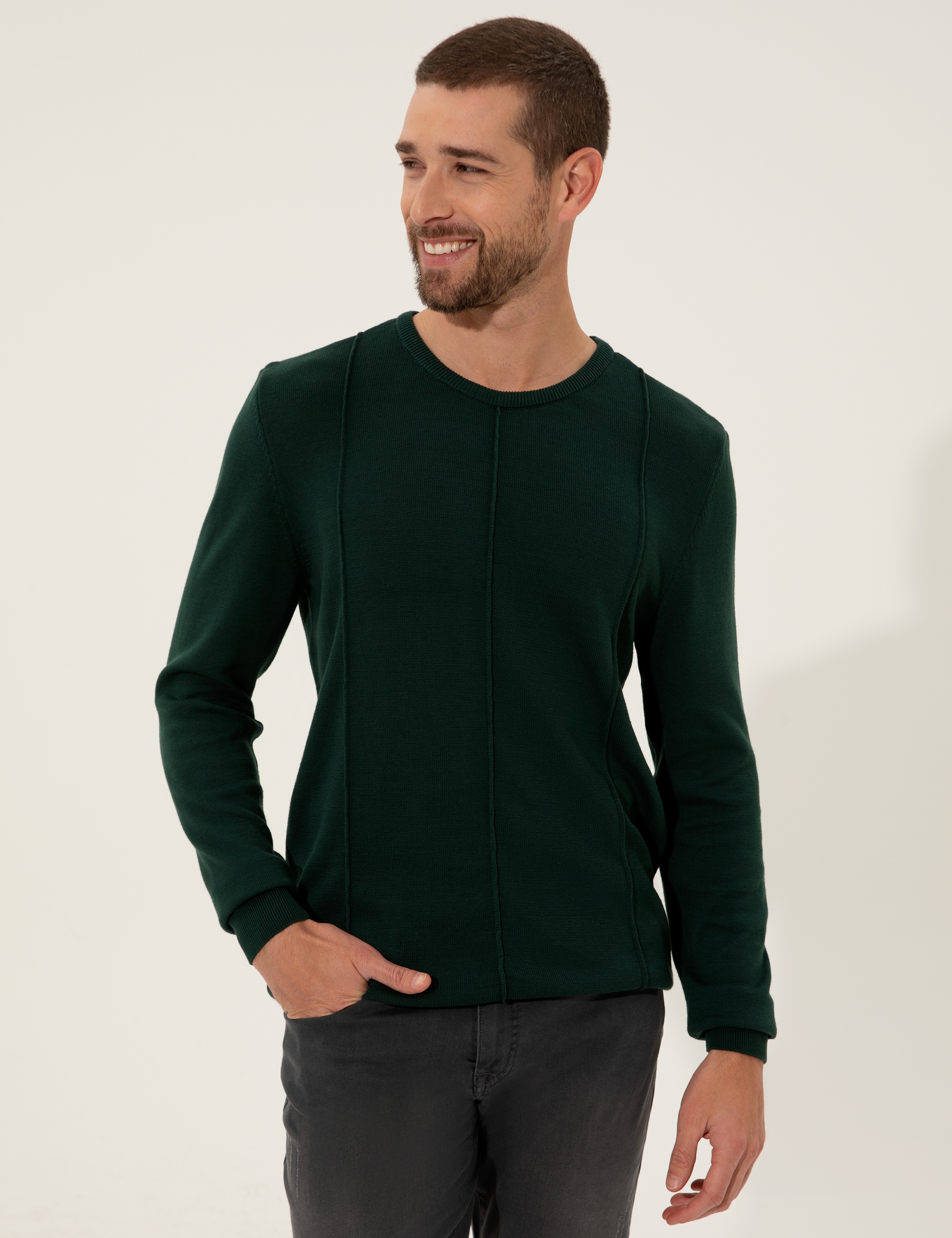 Koyu Yeşil Slim Fit Bisiklet Yaka Triko Kazak - Image 3