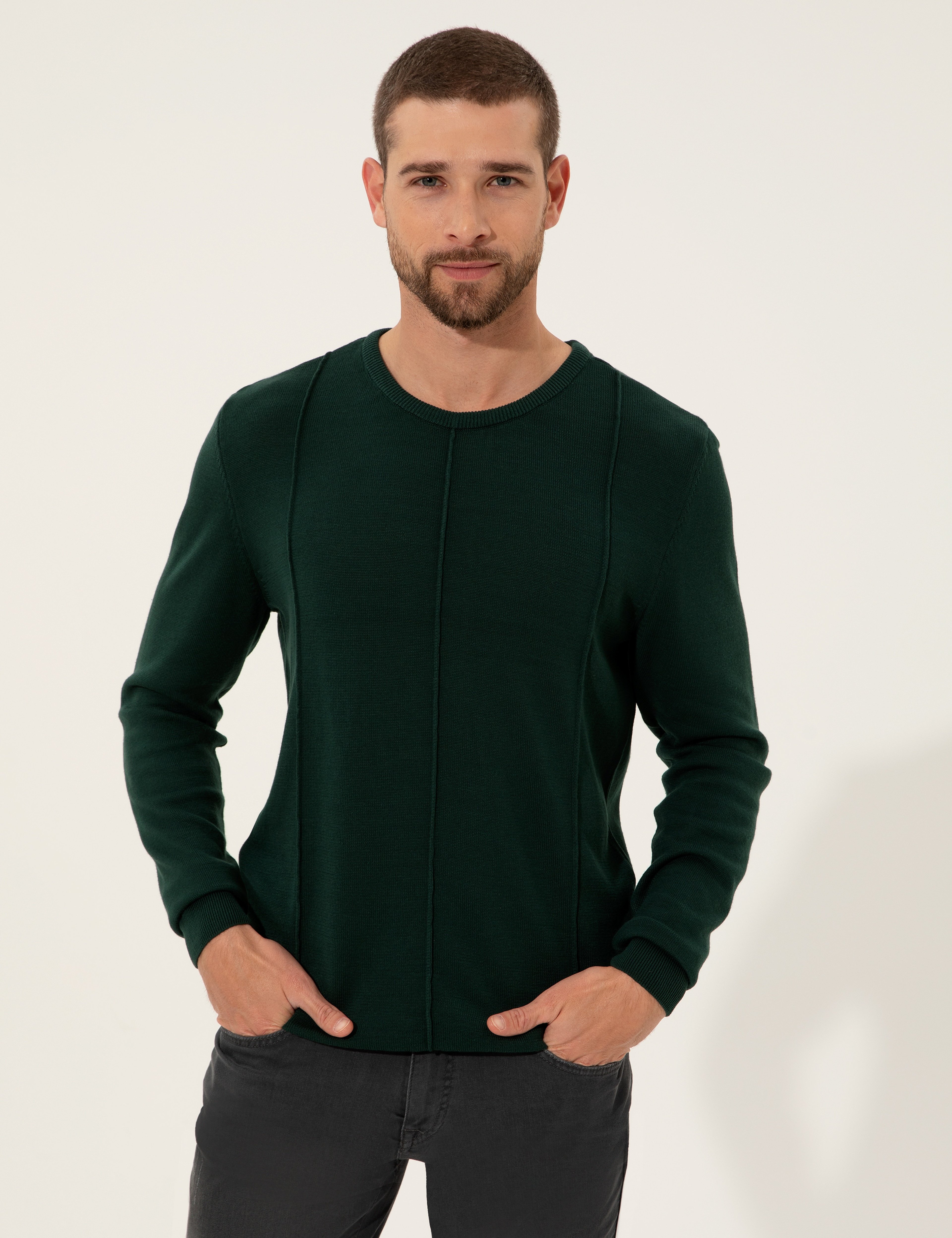 Koyu Yeşil Slim Fit Bisiklet Yaka Triko Kazak - Image 1