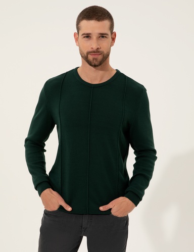 Koyu Yeşil Slim Fit Bisiklet Yaka Triko Kazak