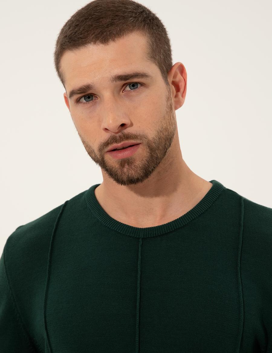 Koyu Yeşil Slim Fit Bisiklet Yaka Triko Kazak