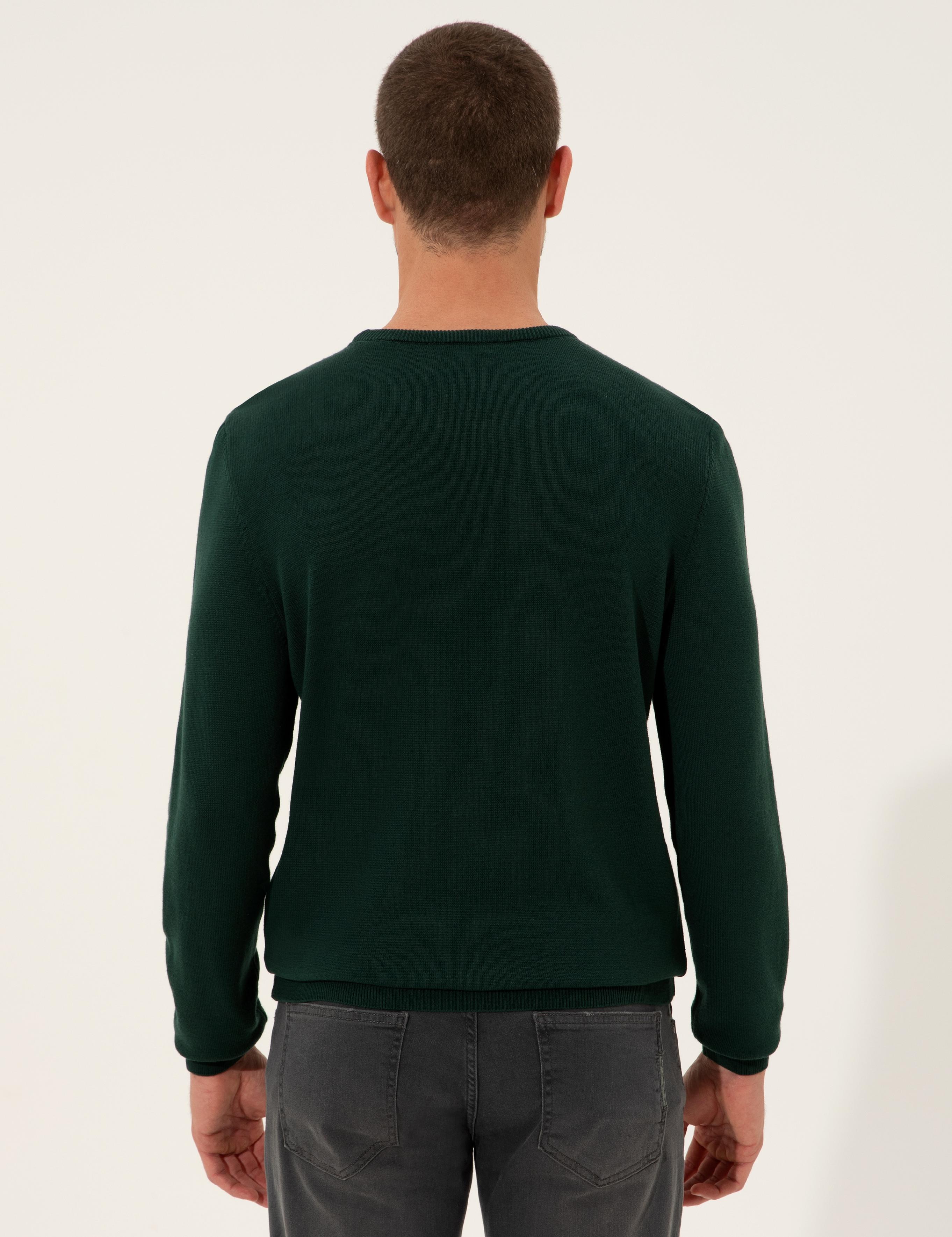 Koyu Yeşil Slim Fit Bisiklet Yaka Triko Kazak