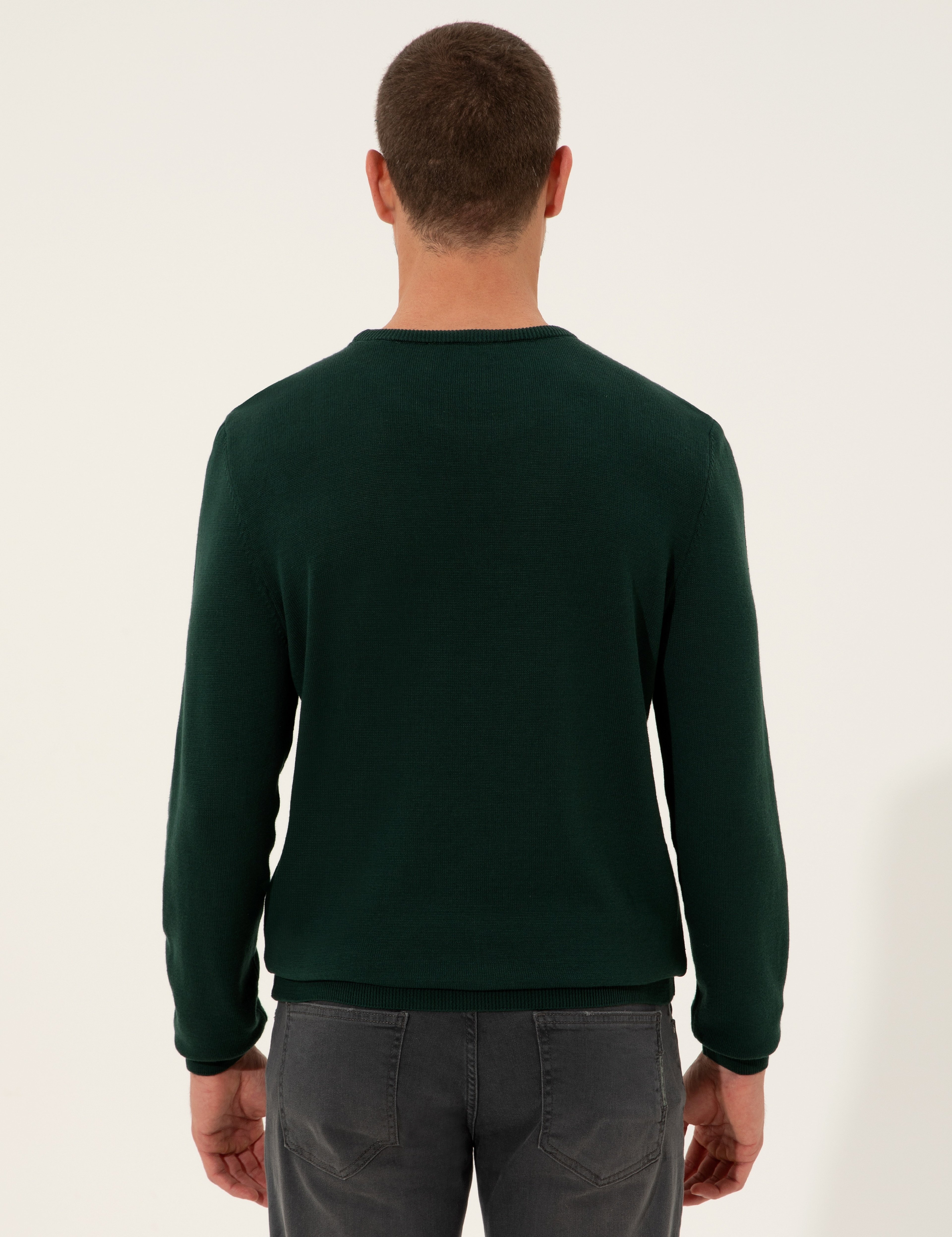 Koyu Yeşil Slim Fit Bisiklet Yaka Triko Kazak - Image 5