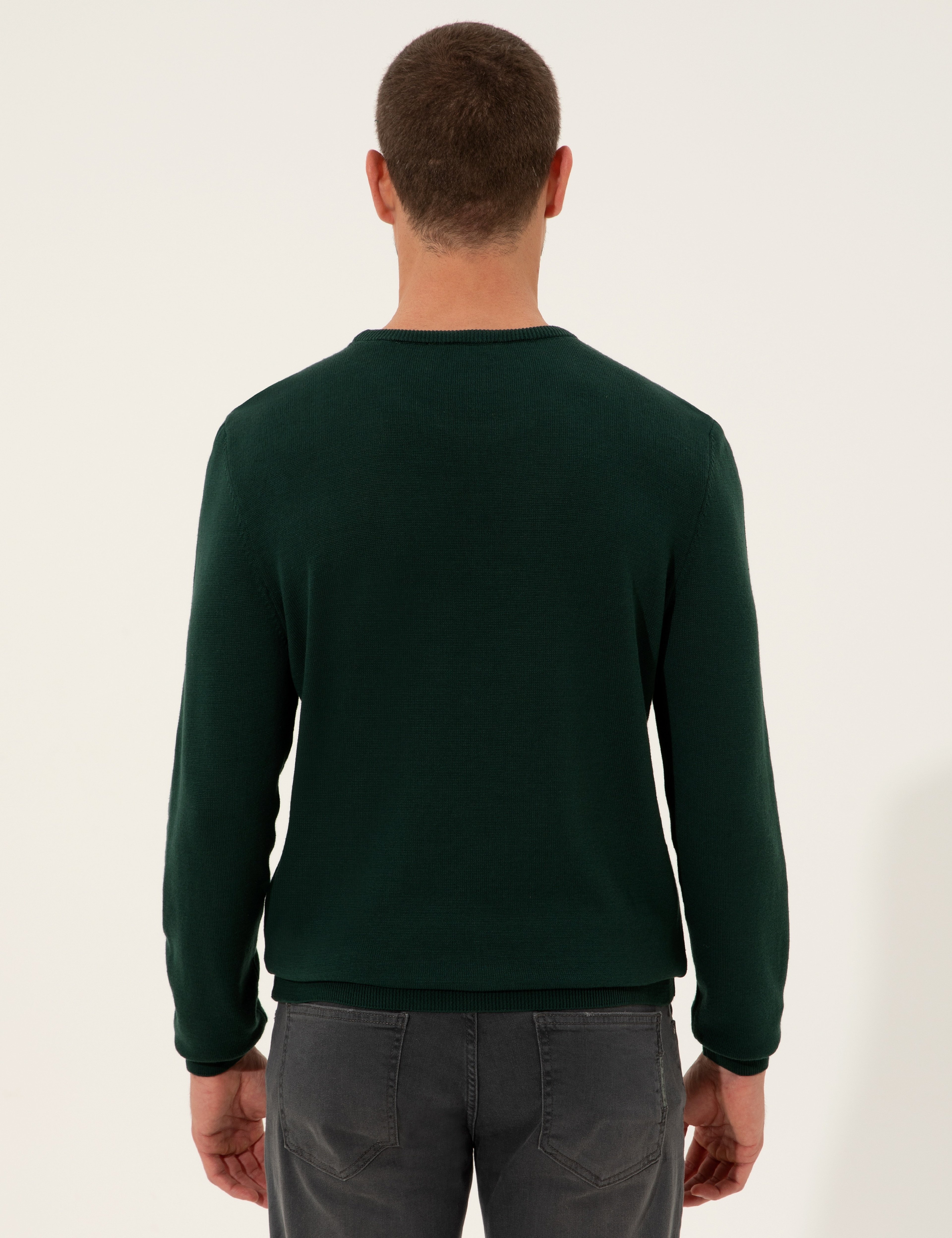 Koyu Yeşil Slim Fit Bisiklet Yaka Triko Kazak