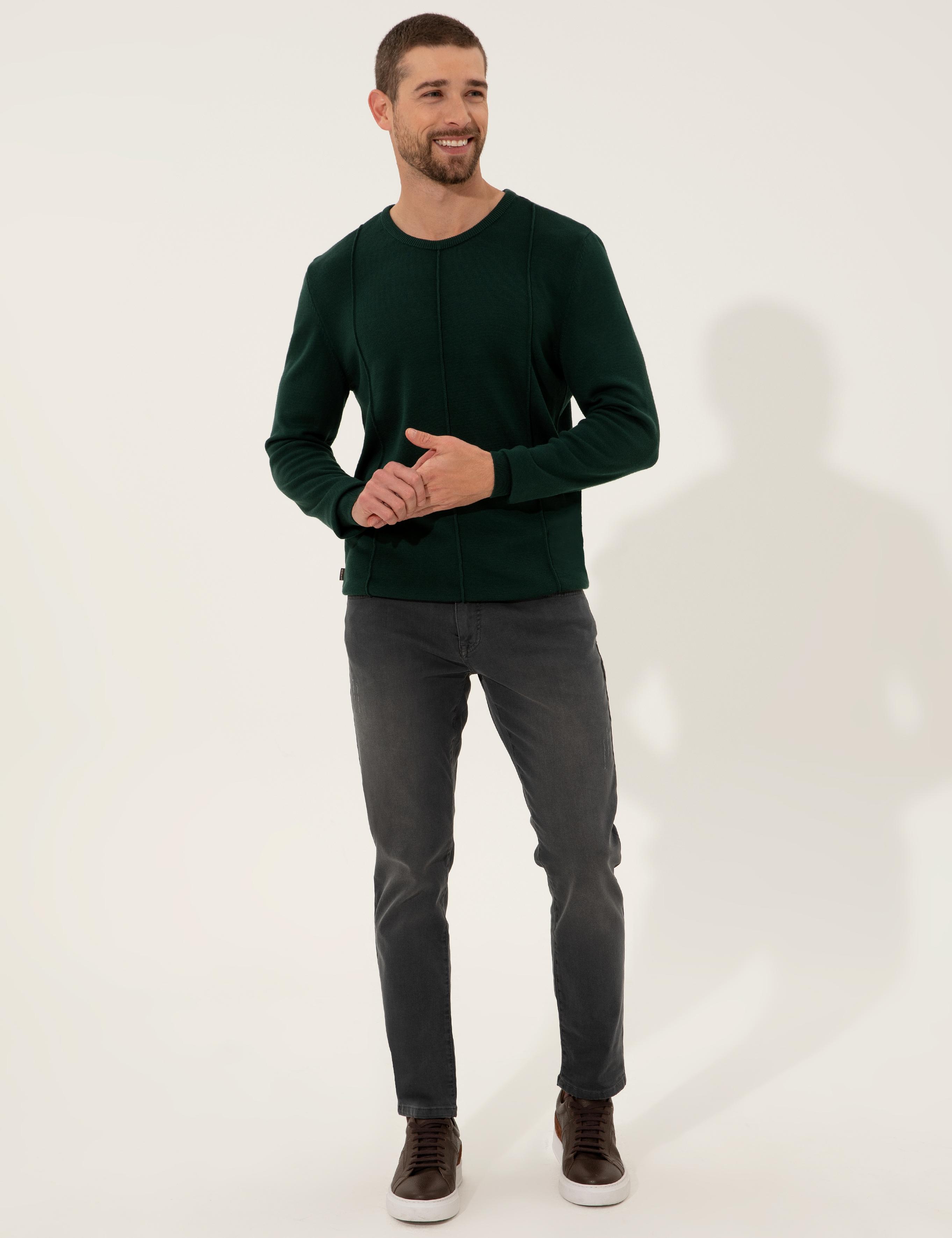 Koyu Yeşil Slim Fit Bisiklet Yaka Triko Kazak