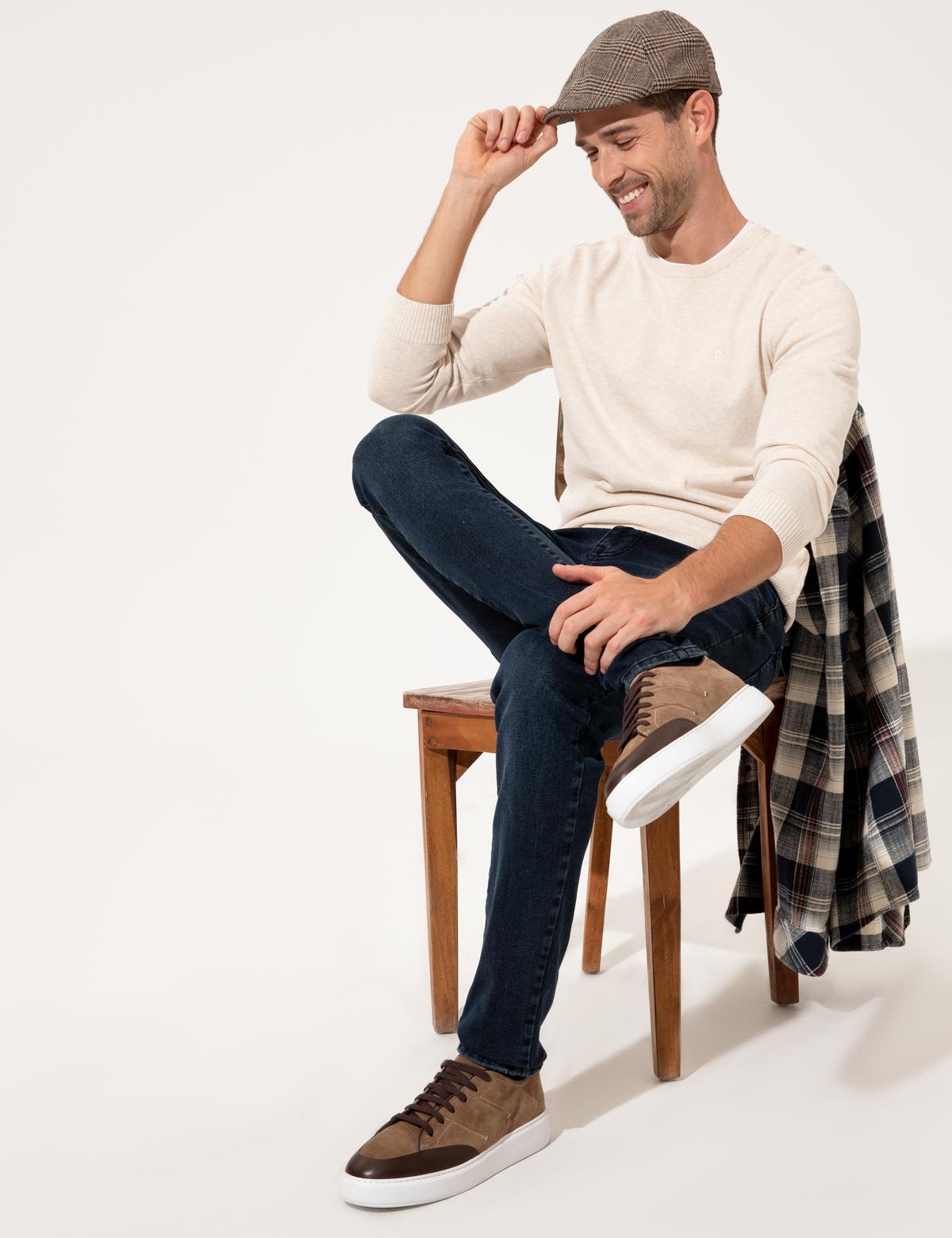 Krem Melanj Slim Fit Bisiklet Yaka Triko Kazak