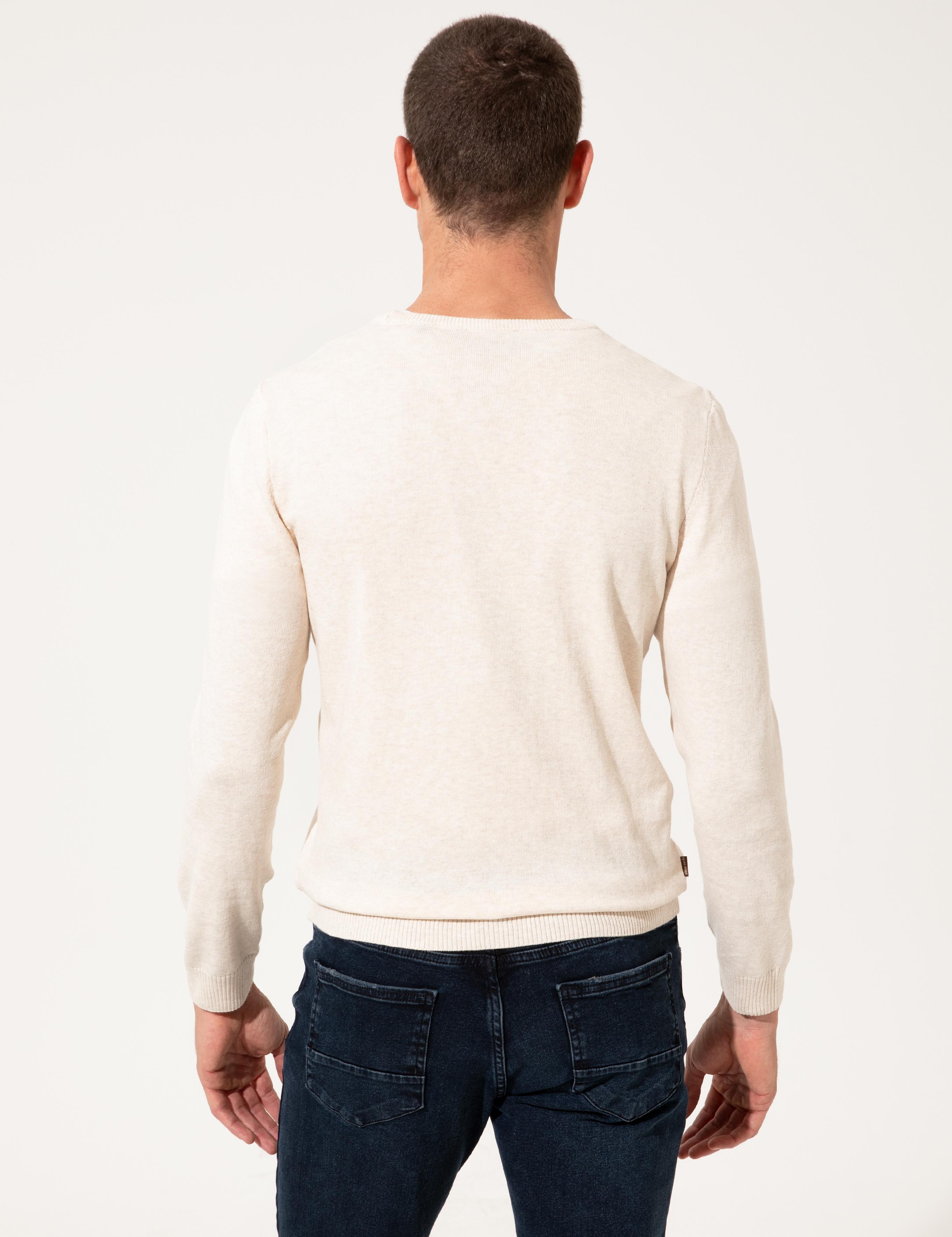 Krem Melanj Slim Fit Bisiklet Yaka Triko Kazak