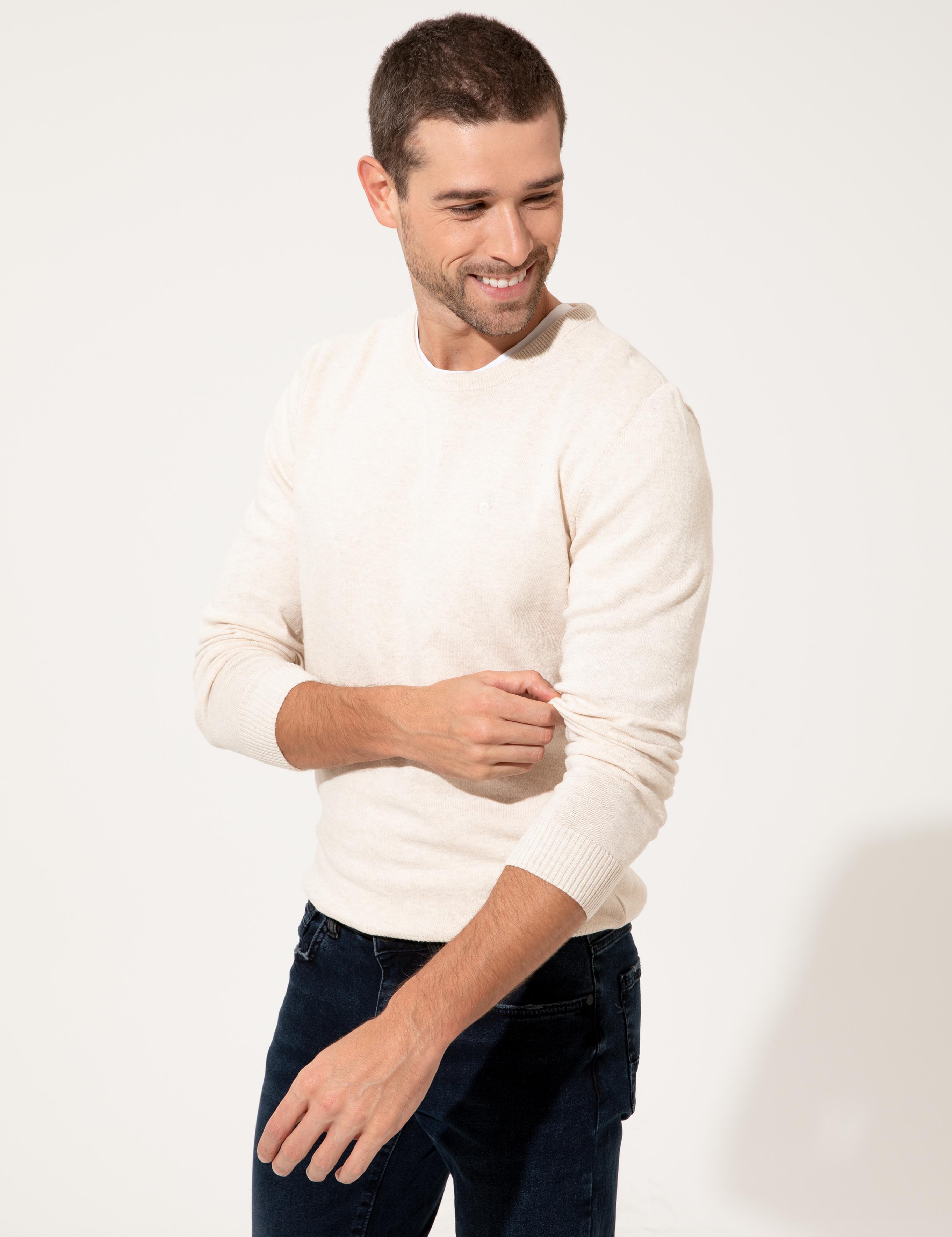 Krem Melanj Slim Fit Bisiklet Yaka Triko Kazak