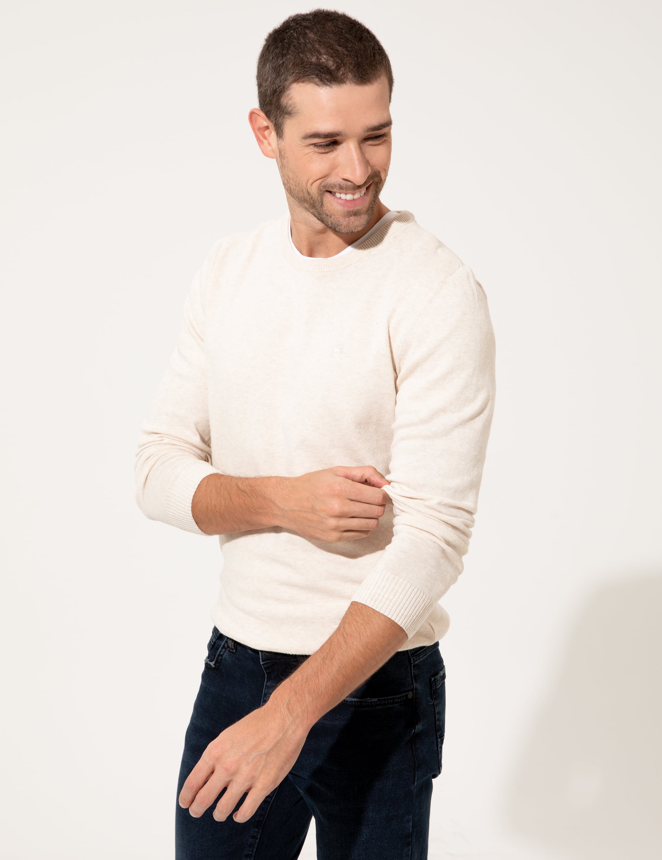 Krem Melanj Slim Fit Bisiklet Yaka Triko Kazak - Image 3