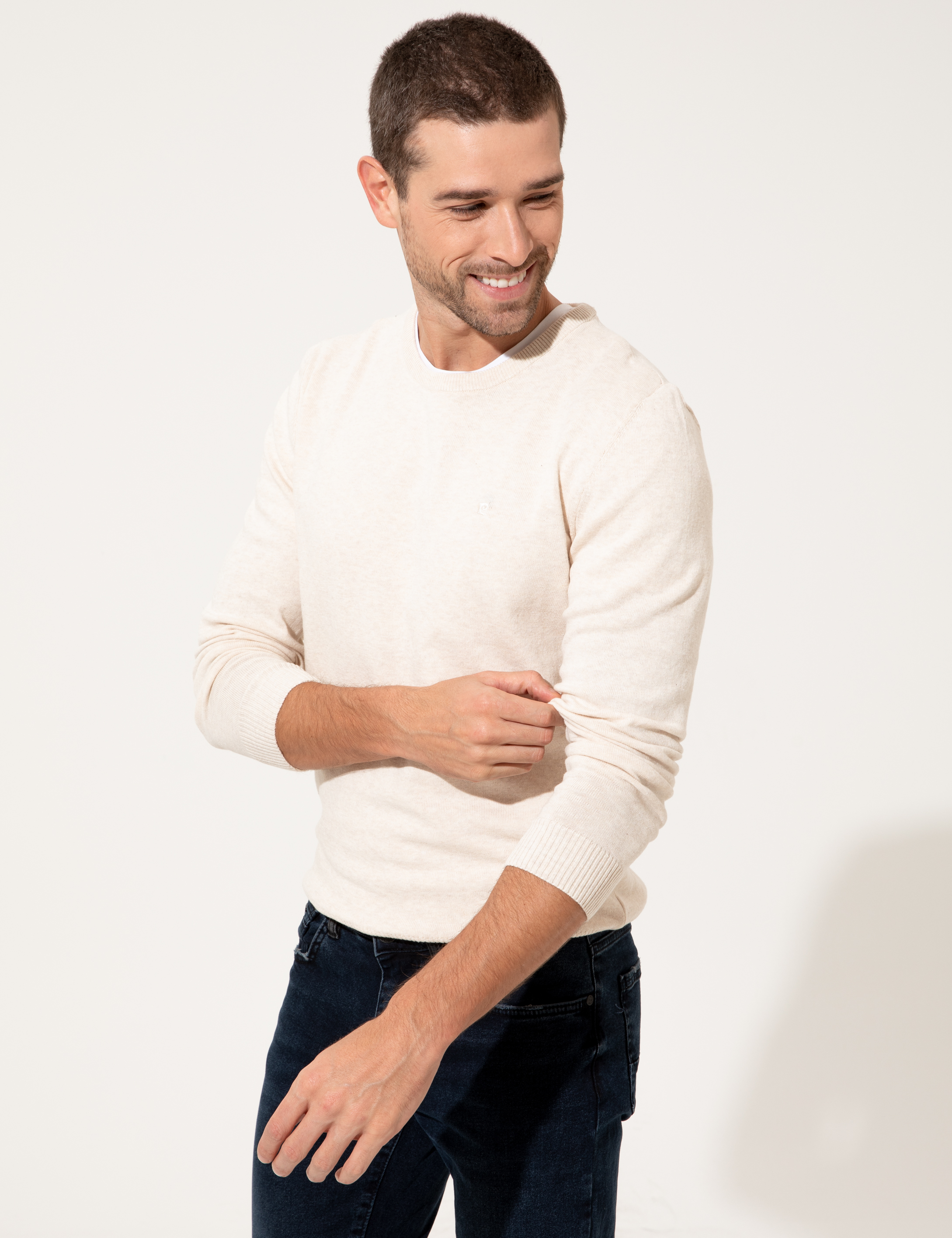 Krem Melanj Slim Fit Bisiklet Yaka Triko Kazak