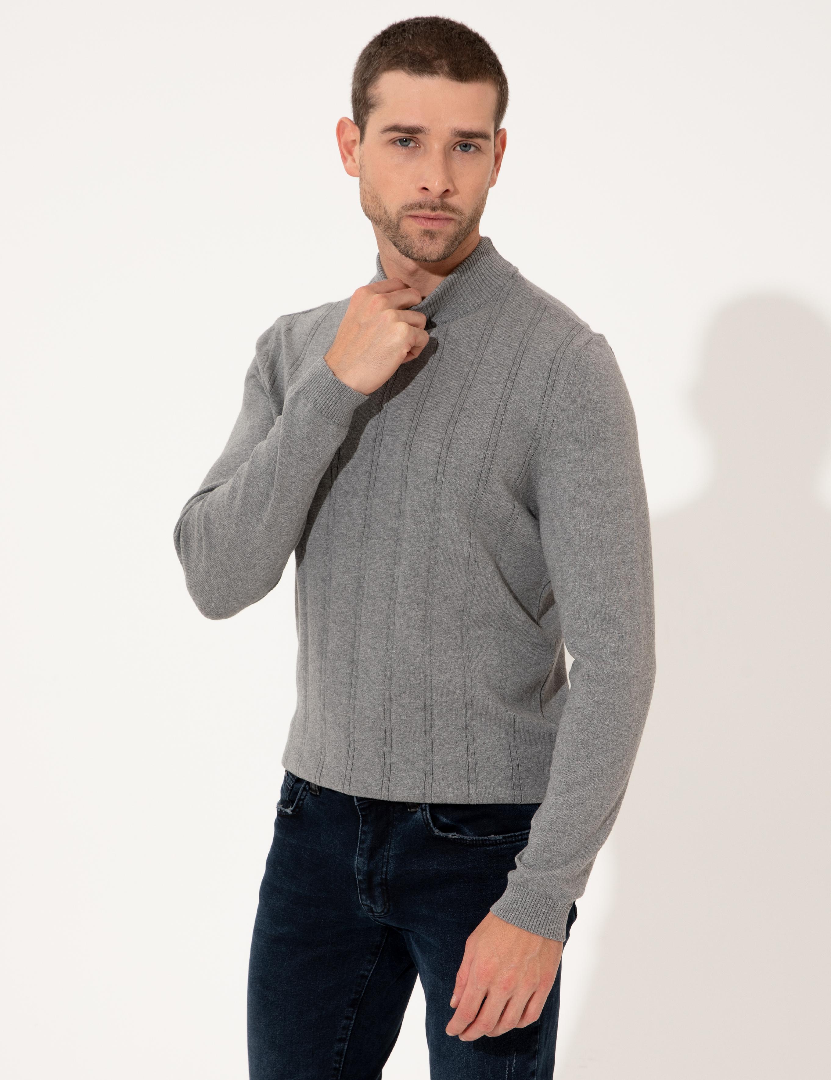 Açık Gri Melanj Slim Fit Kazak