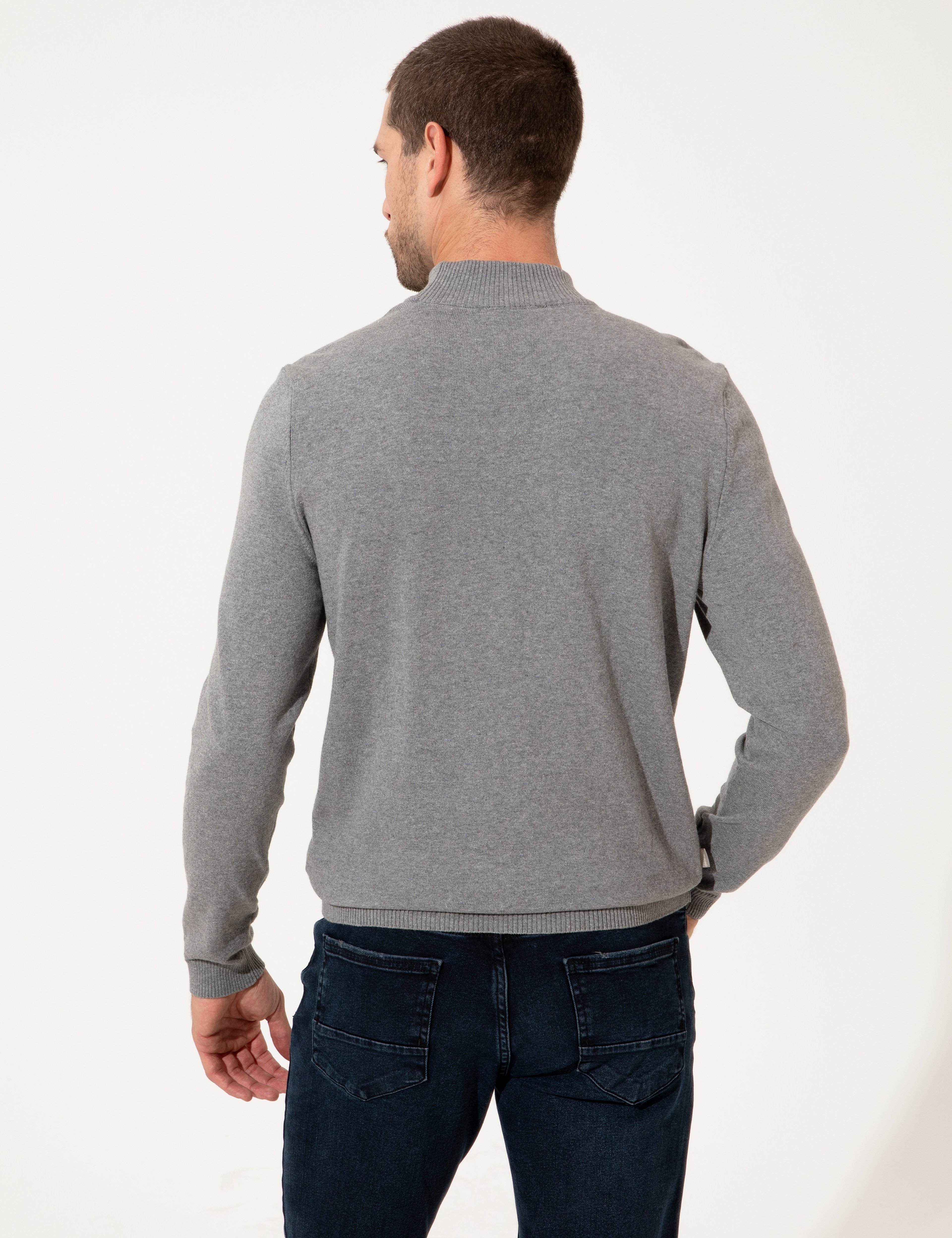 Açık Gri Melanj Slim Fit Yarım Balıkçı Yaka Triko Kazak - Image 5