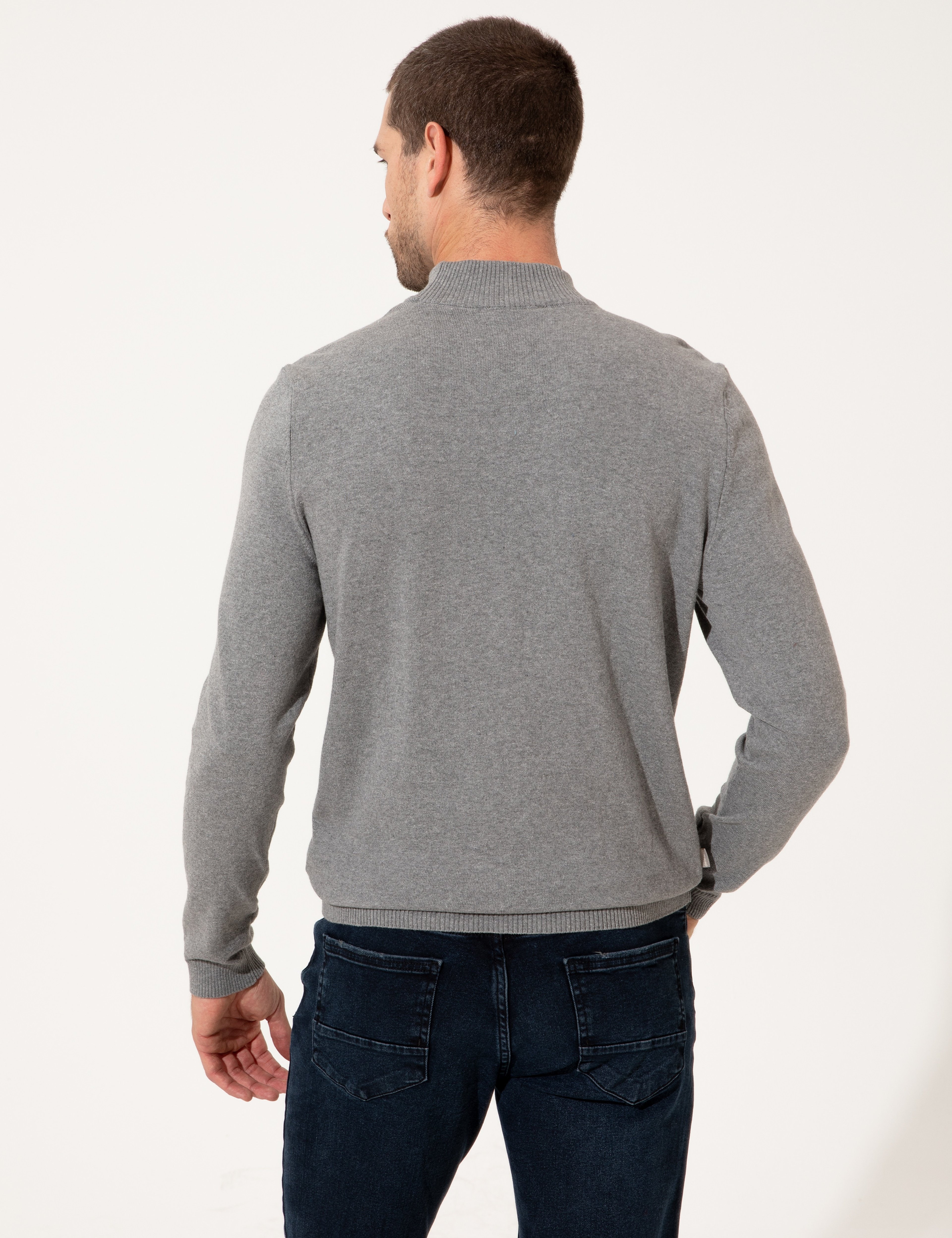 Açık Gri Melanj Slim Fit Yarım Balıkçı Yaka Triko Kazak