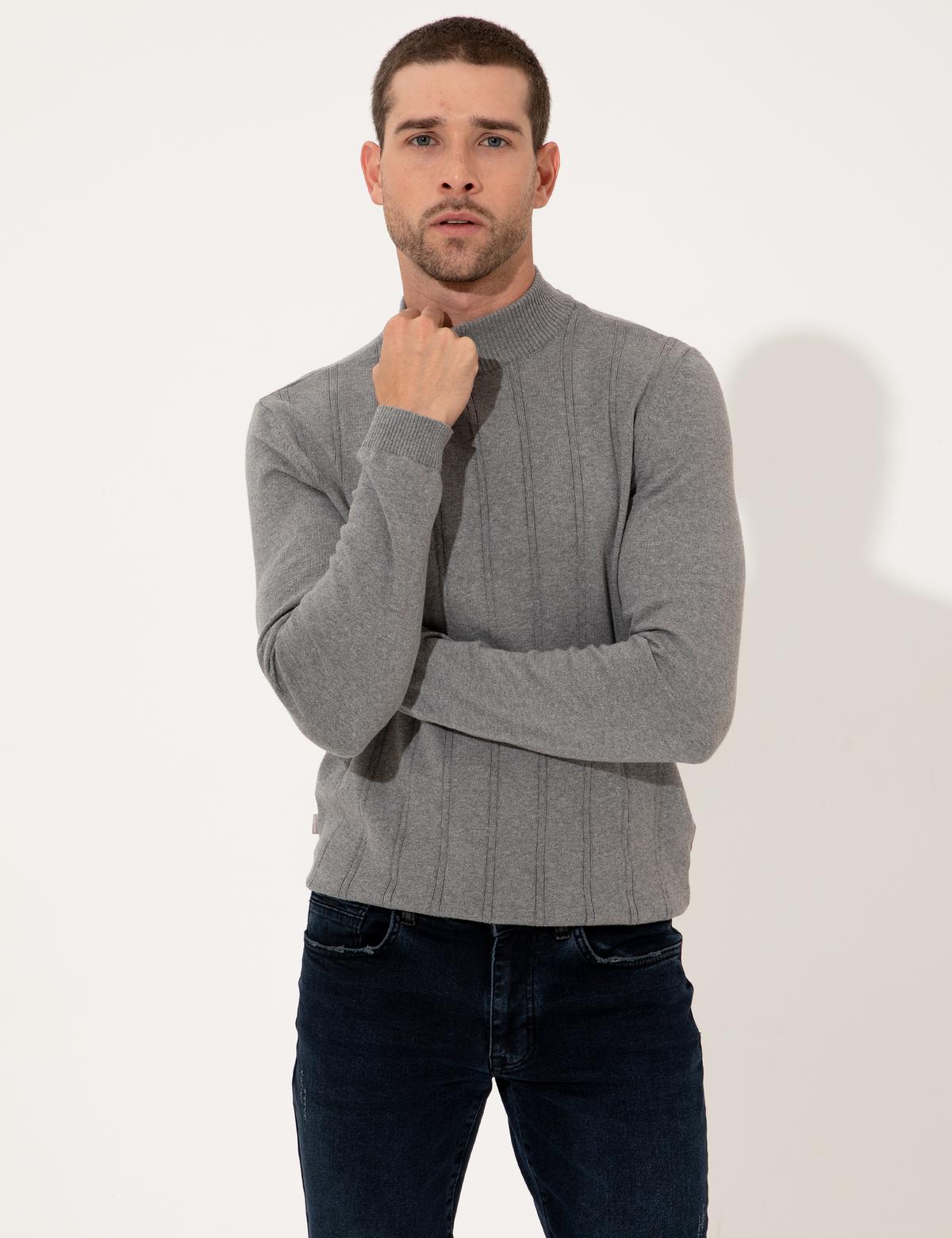 Açık Gri Melanj Slim Fit Kazak - 50257071033