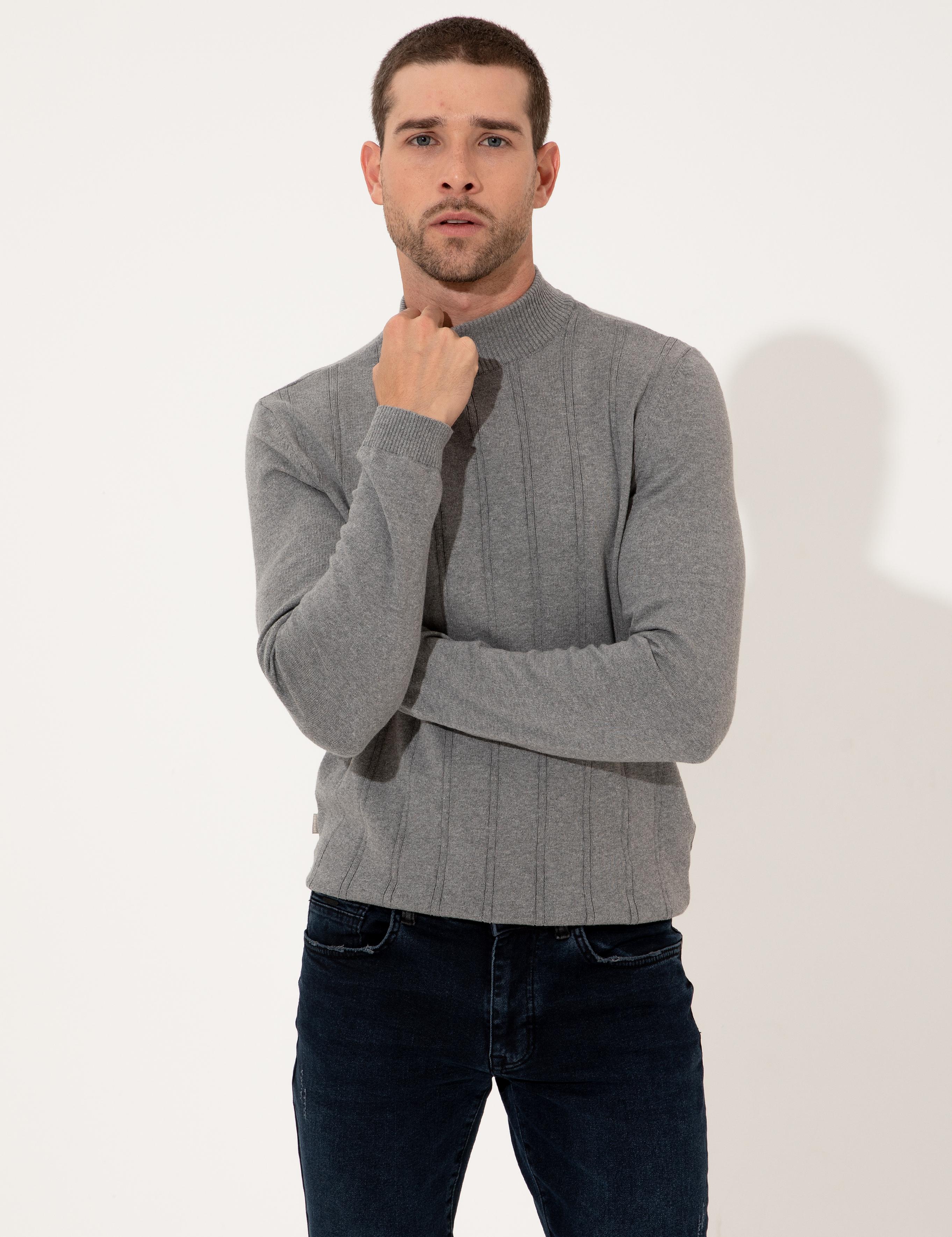 Açık Gri Melanj Slim Fit Kazak