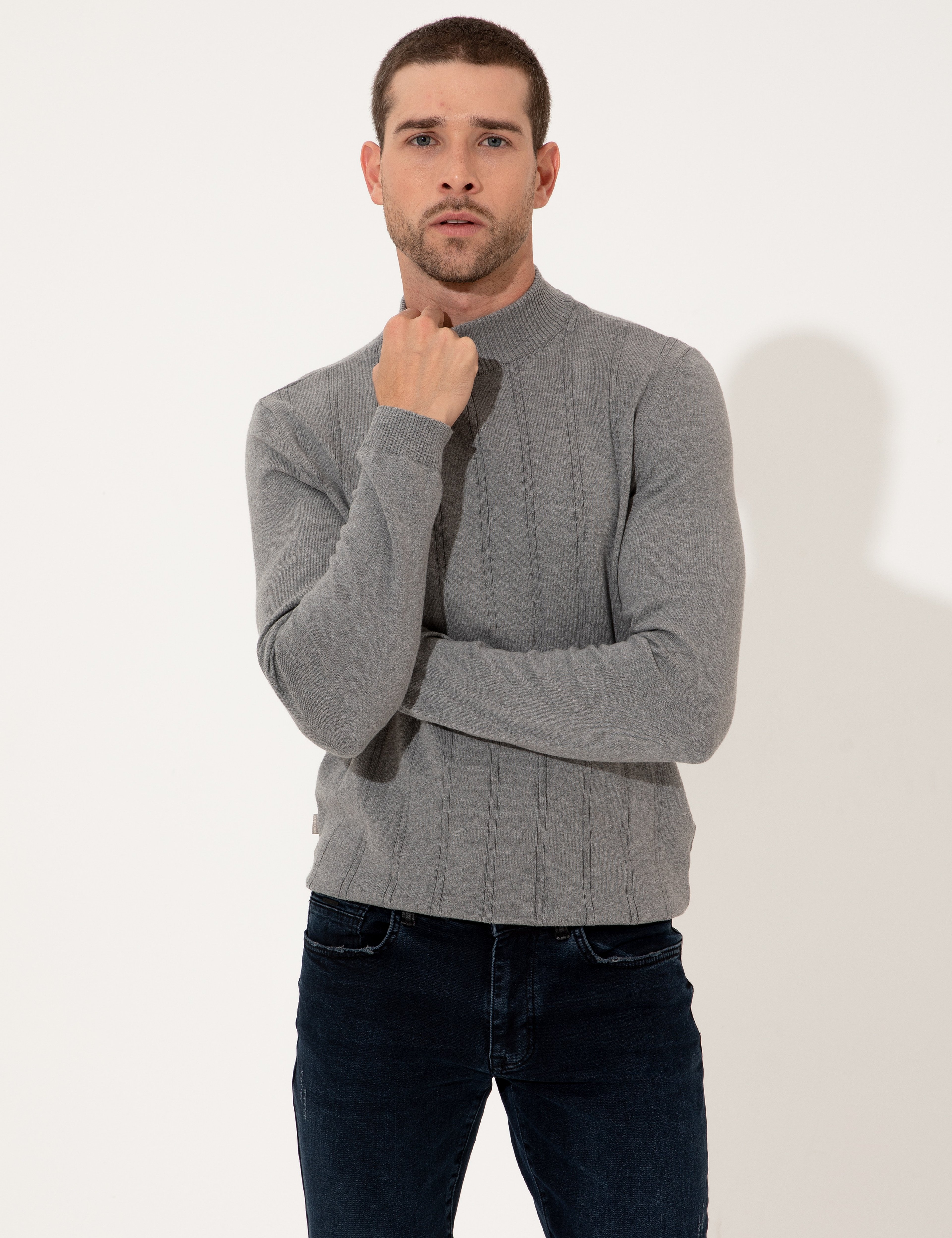 Açık Gri Melanj Slim Fit Yarım Balıkçı Yaka Triko Kazak - Image 3