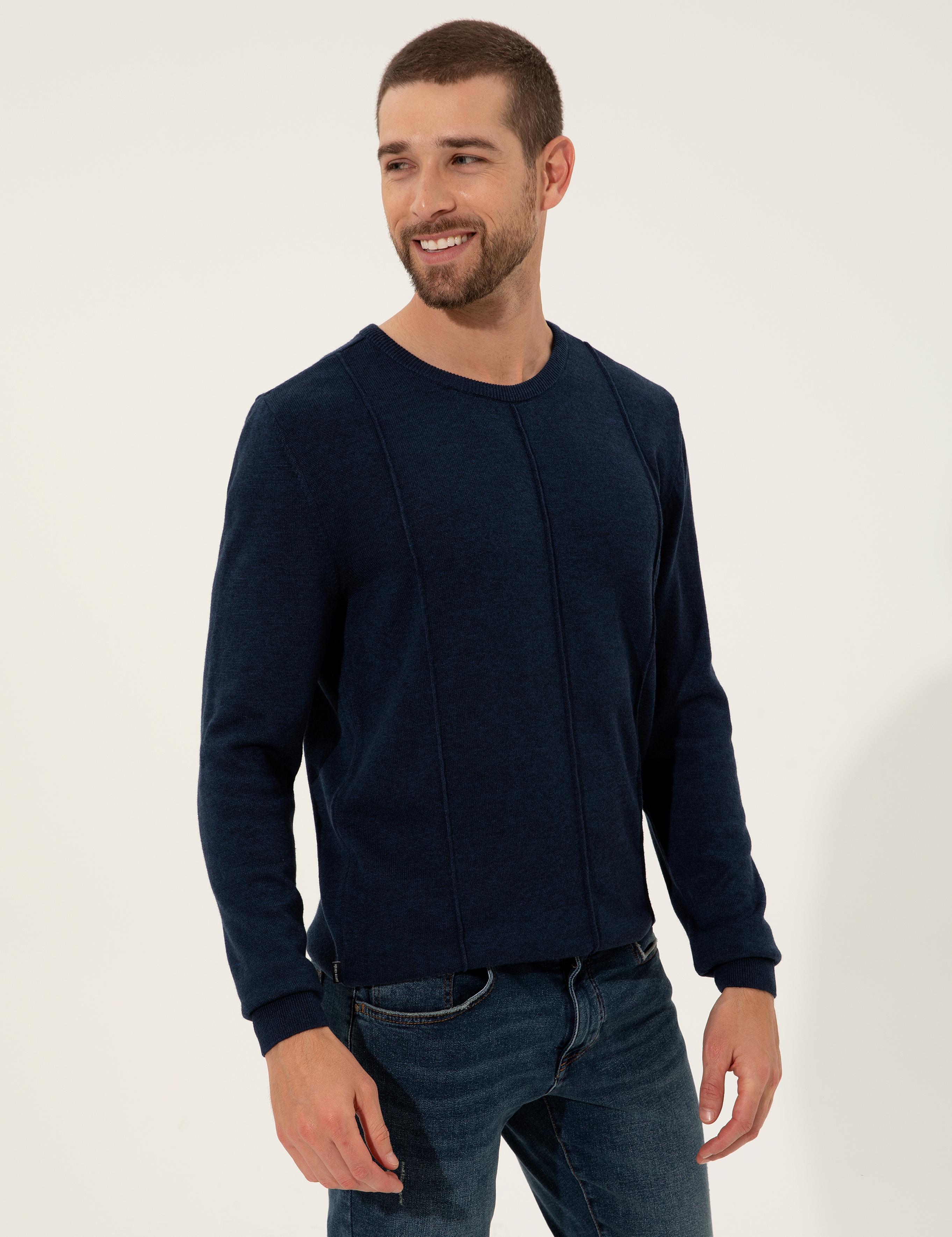 Lacivert Melanj Slim Fit Bisiklet Yaka Triko Kazak