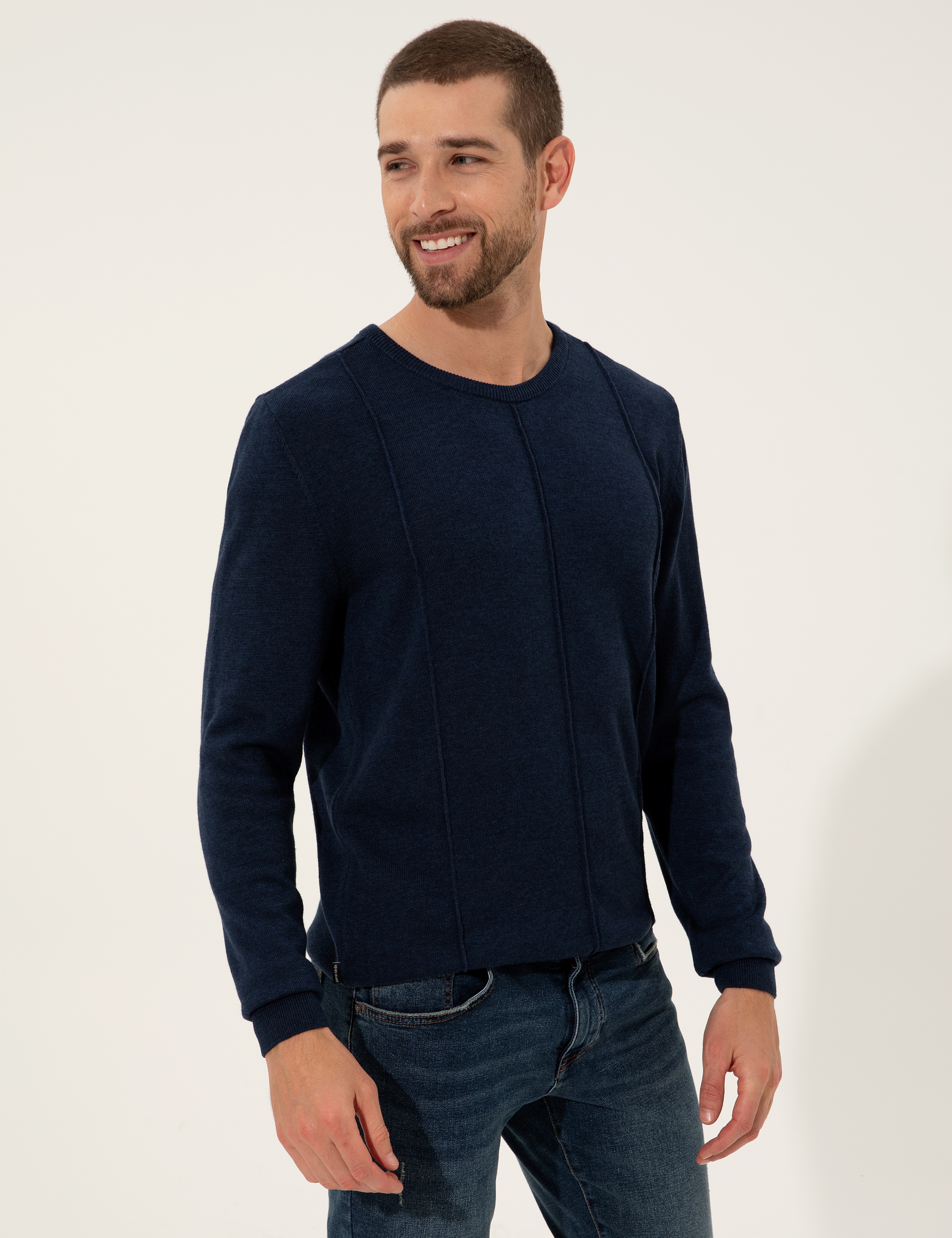 Lacivert Melanj Slim Fit Bisiklet Yaka Triko Kazak - Image 3