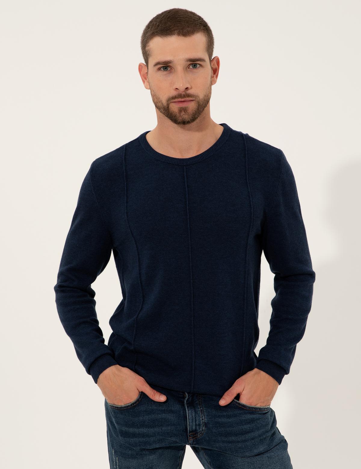 Lacivert Melanj Slim Fit Bisiklet Yaka Triko Kazak - 50257066037