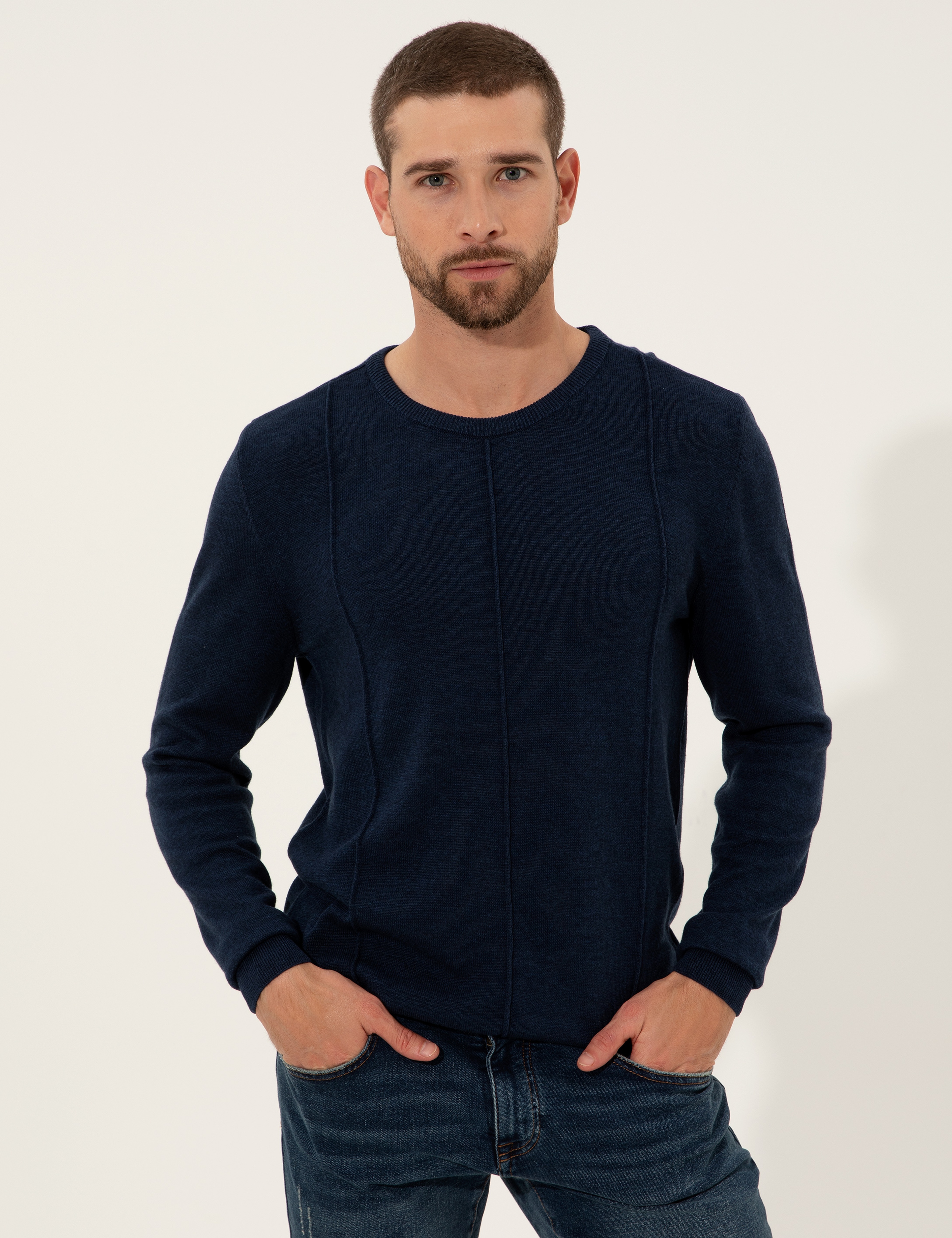 Lacivert Melanj Slim Fit Bisiklet Yaka Triko Kazak - Image 2