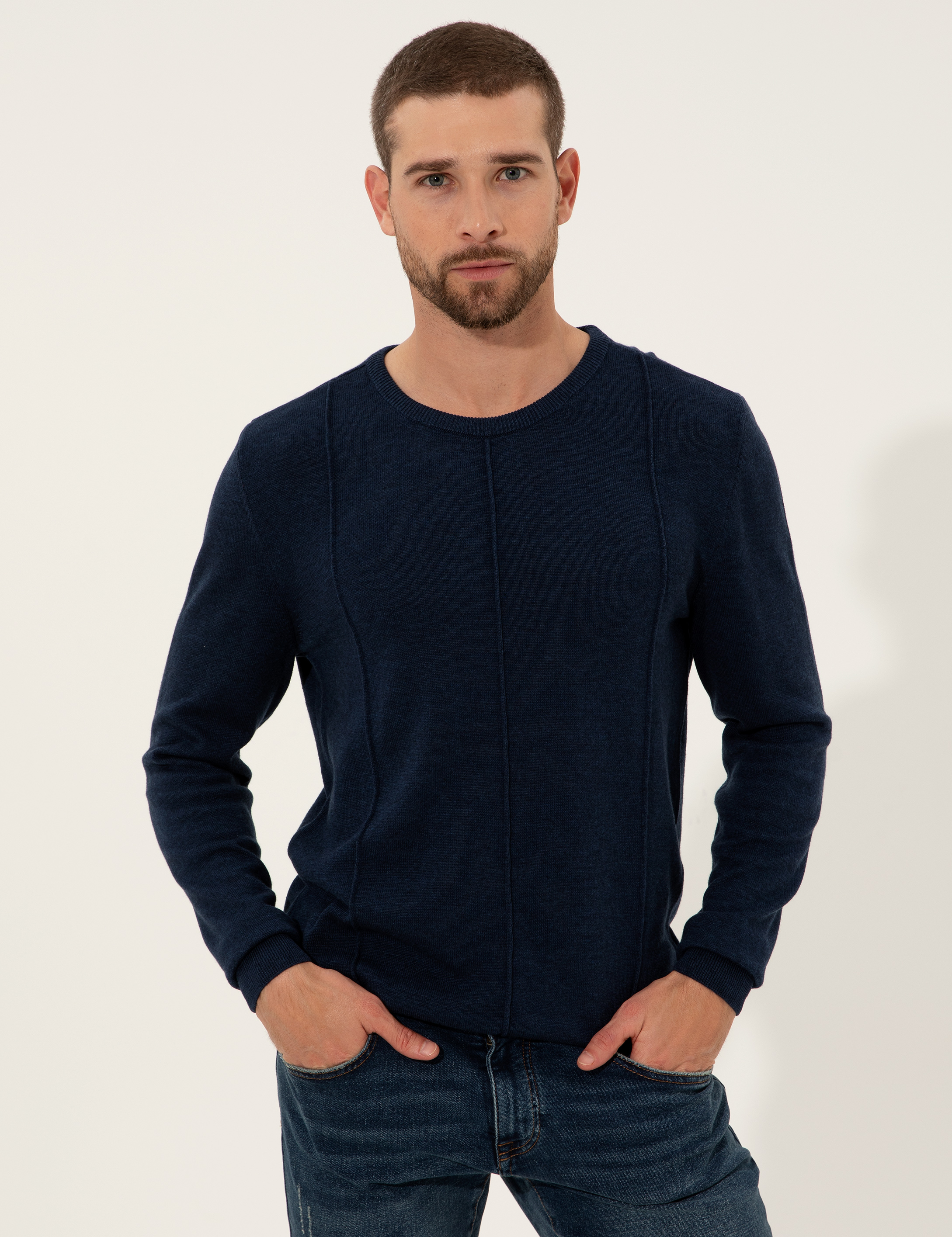Lacivert Melanj Slim Fit Bisiklet Yaka Triko Kazak