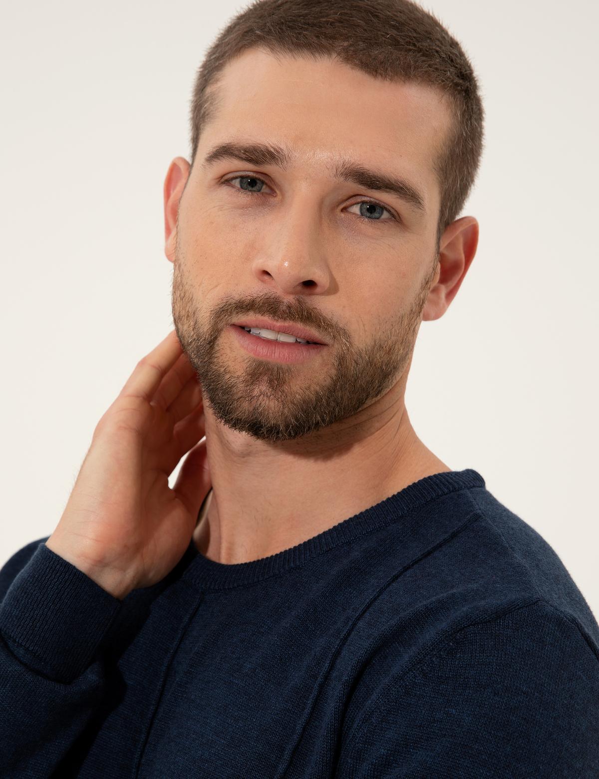 Lacivert Melanj Slim Fit Bisiklet Yaka Triko Kazak