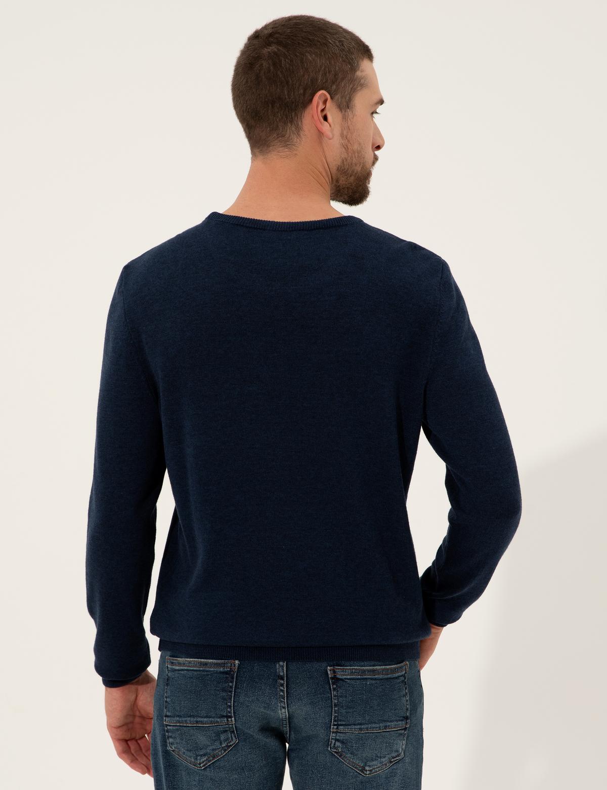 Lacivert Melanj Slim Fit Bisiklet Yaka Triko Kazak - 50257066037