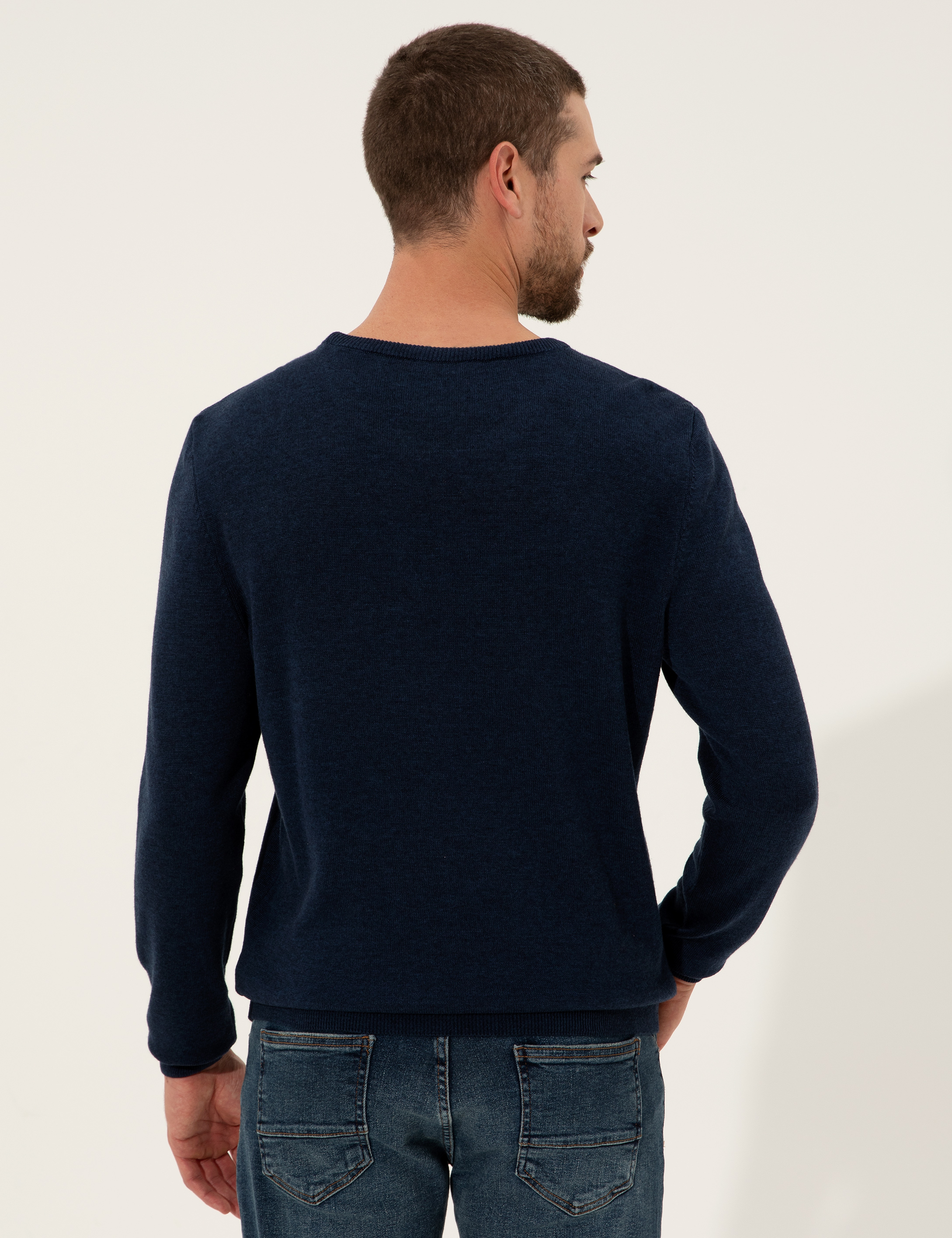 Lacivert Melanj Slim Fit Bisiklet Yaka Triko Kazak