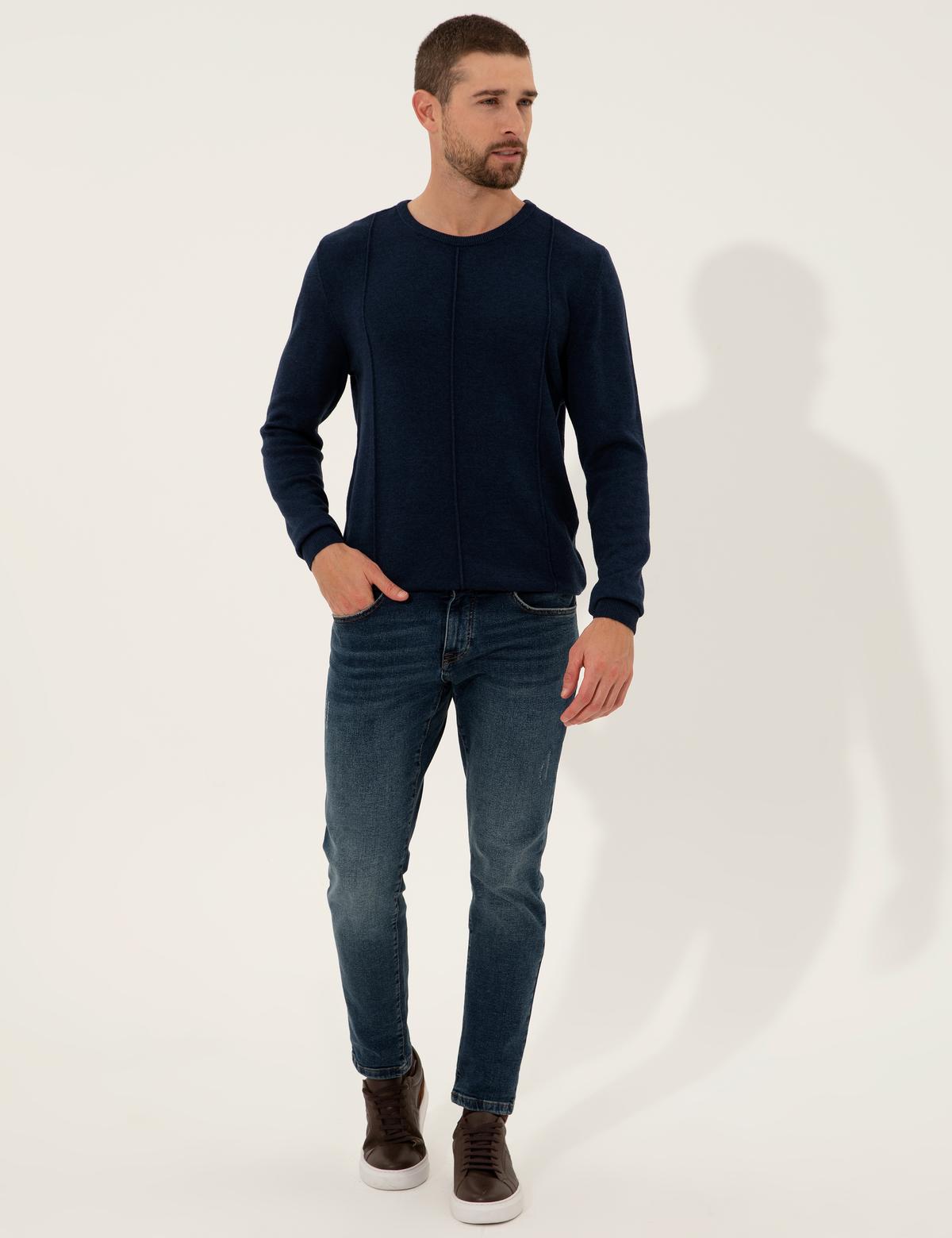 Lacivert Melanj Slim Fit Bisiklet Yaka Triko Kazak - 50257066037