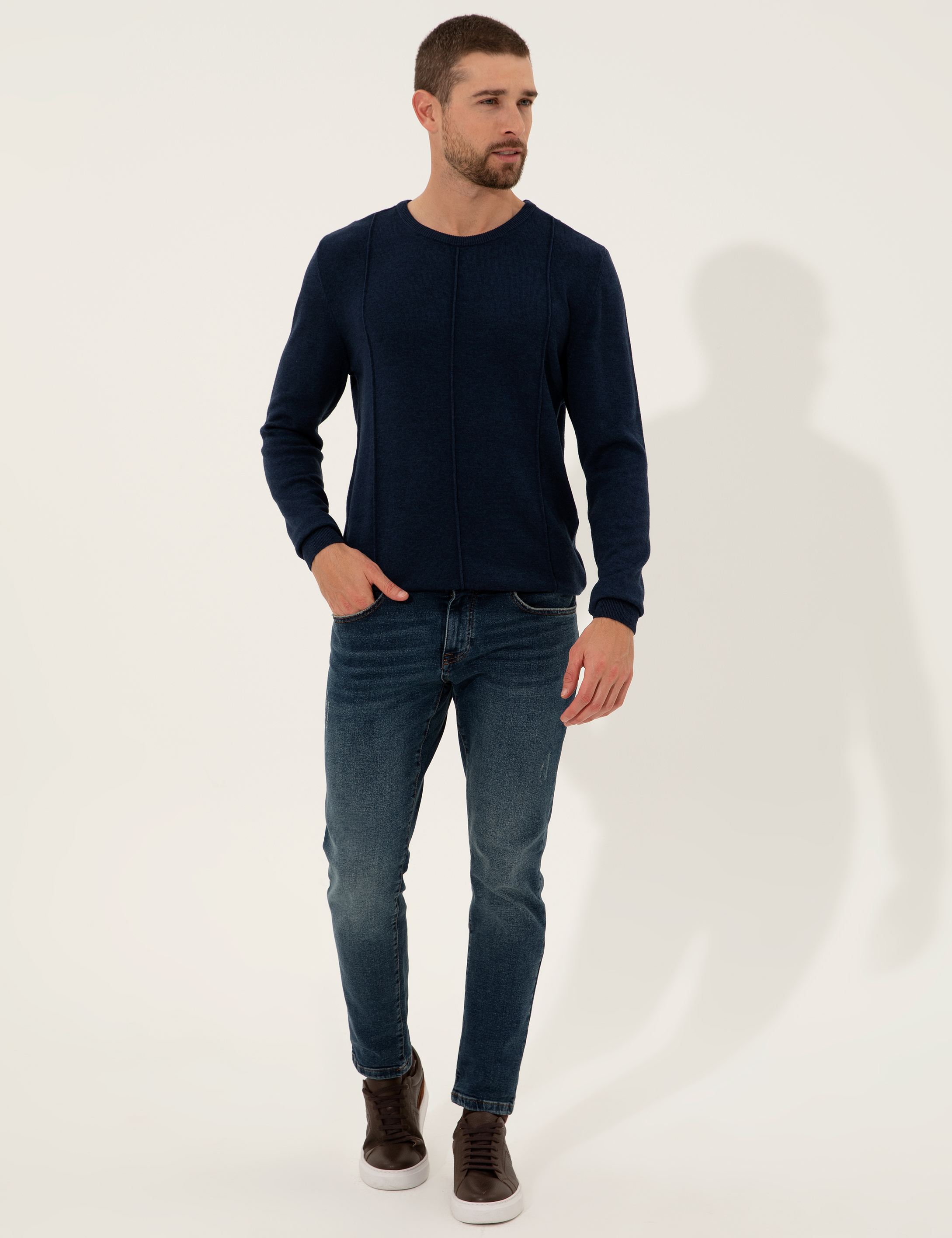 Lacivert Melanj Slim Fit Bisiklet Yaka Triko Kazak