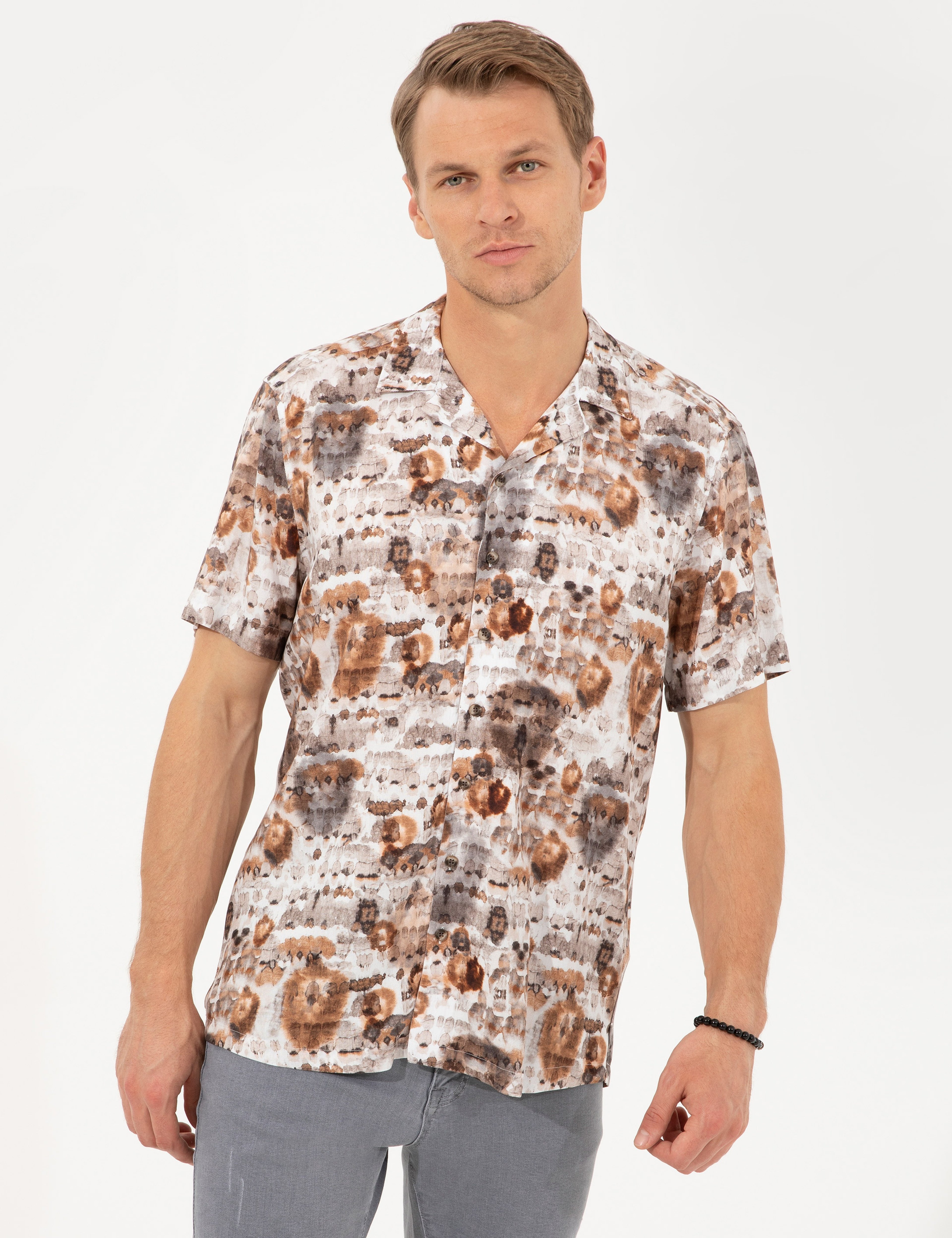 Kahverengi Regular Fit Kısa Kollu Gömlek - Image 2