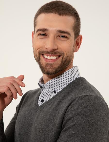 Gri Melanj Slim Fit V Yaka Basic Triko Kazak - 50237808074