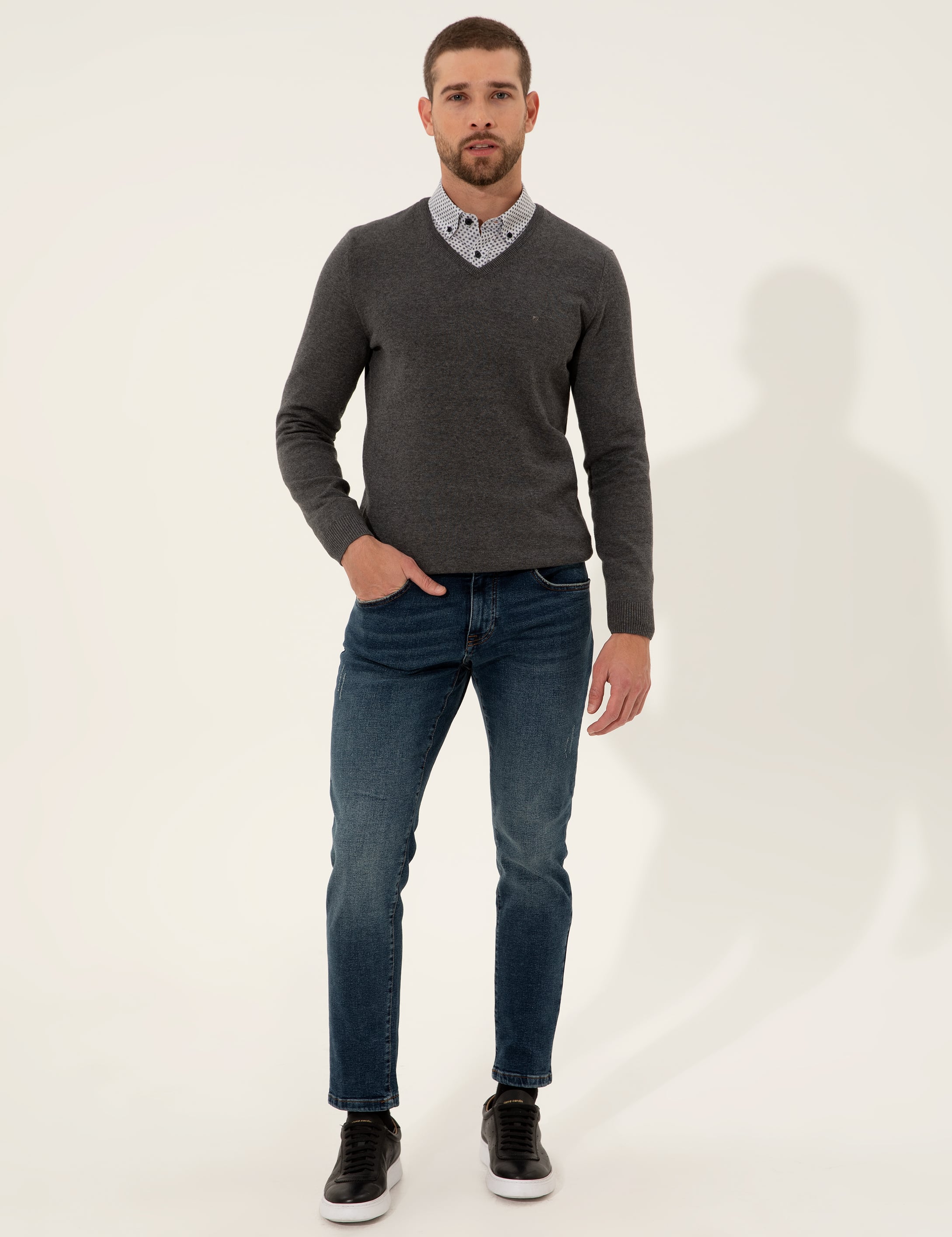 Gri Melanj Slim Fit V Yaka Basic Triko Kazak