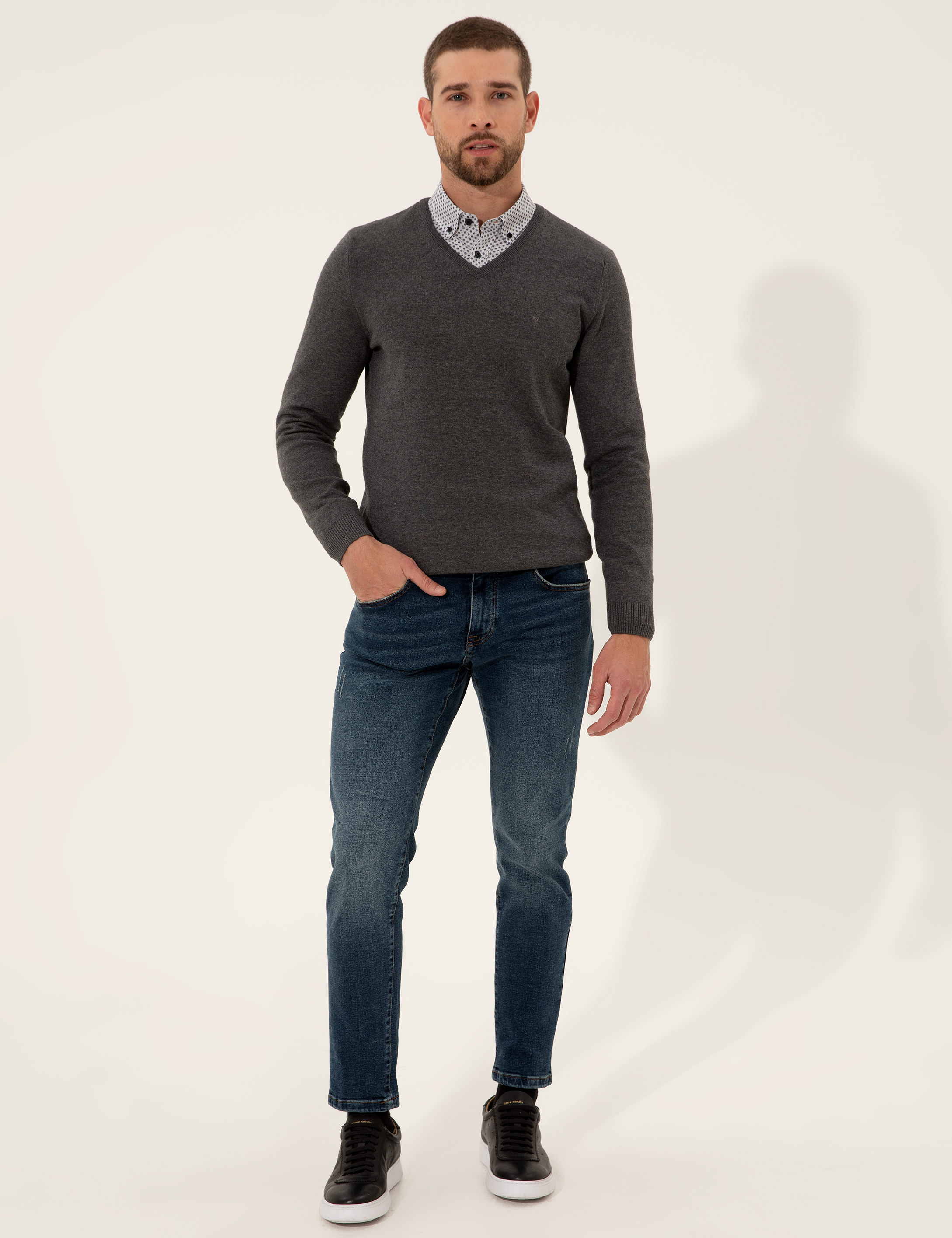 Gri Melanj Slim Fit V Yaka Basic Triko Kazak