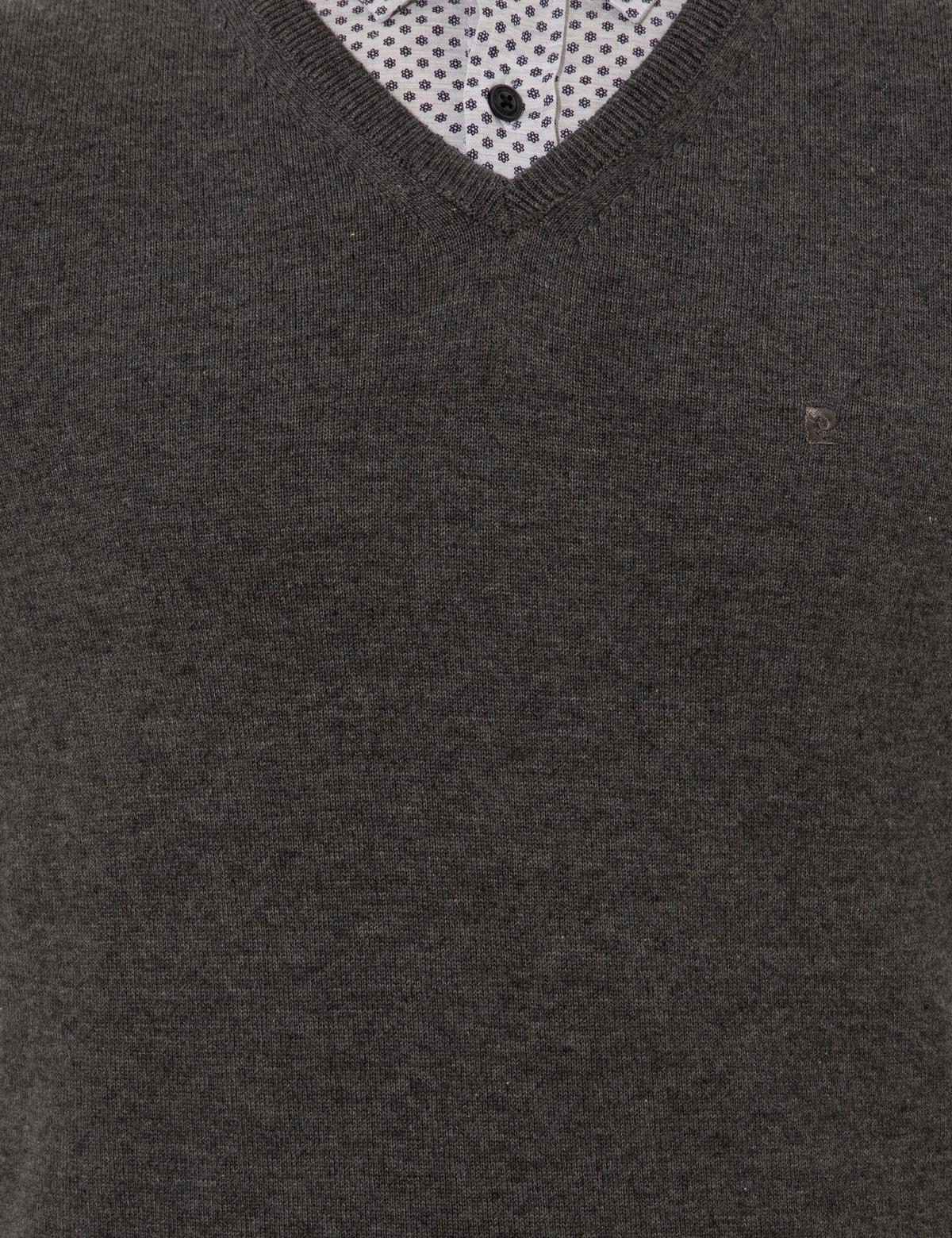 Gri Melanj Slim Fit V Yaka Basic Triko Kazak - 50237808074