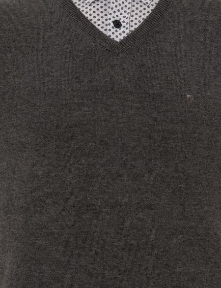 Gri Melanj Slim Fit V Yaka Basic Triko Kazak - 50237808074