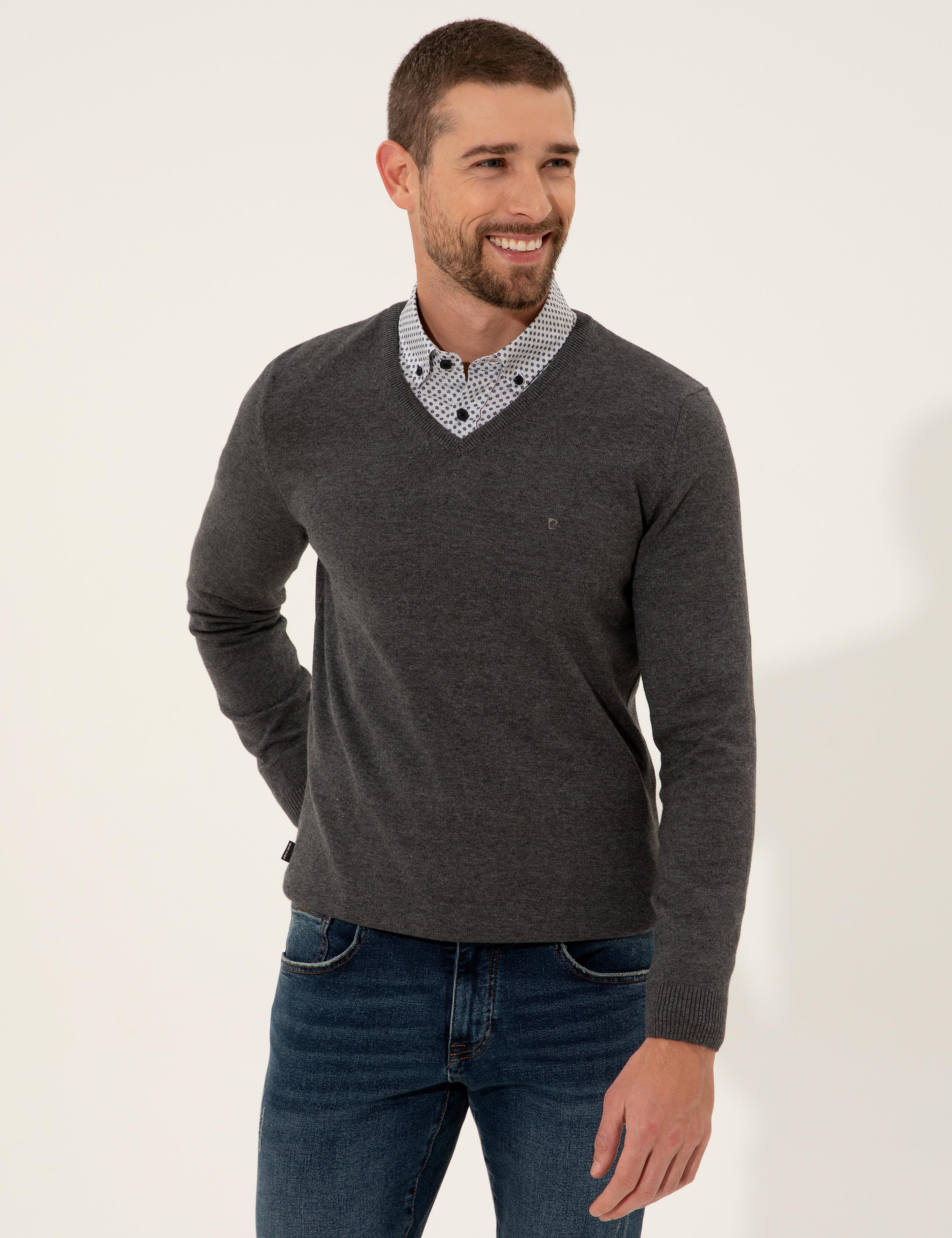 Gri Melanj Slim Fit V Yaka Basic Triko Kazak