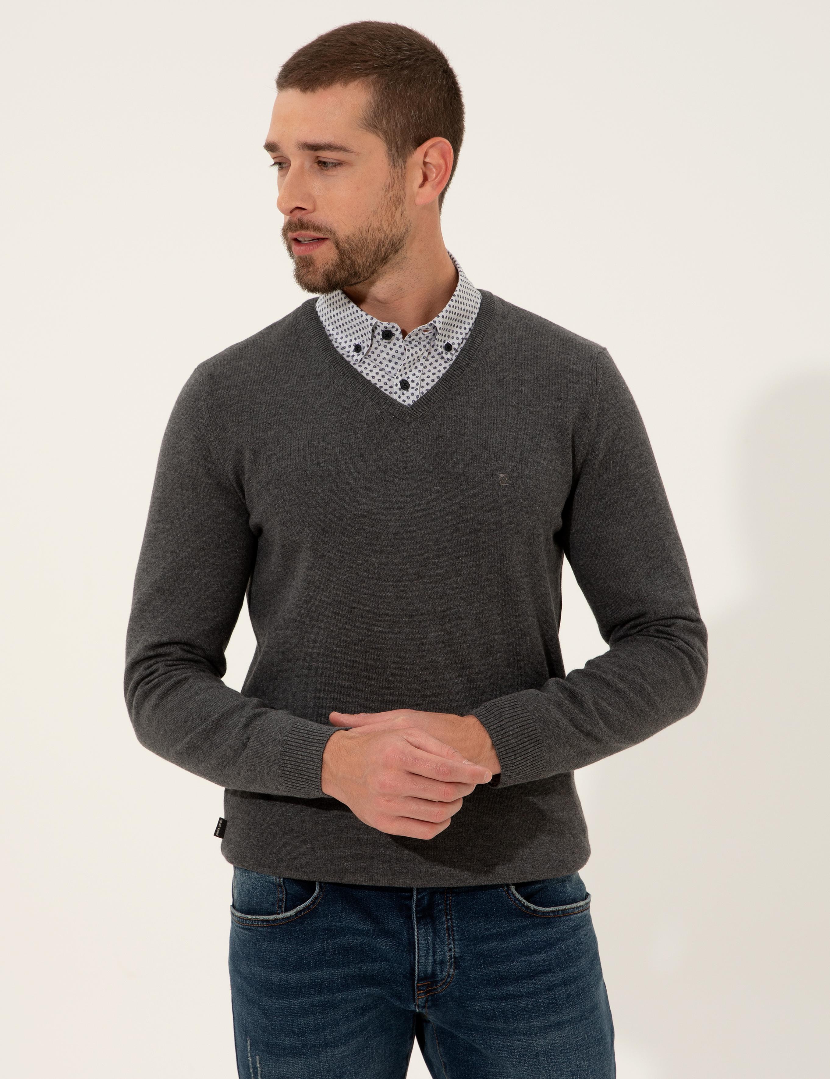 Gri Melanj Slim Fit V Yaka Basic Triko Kazak