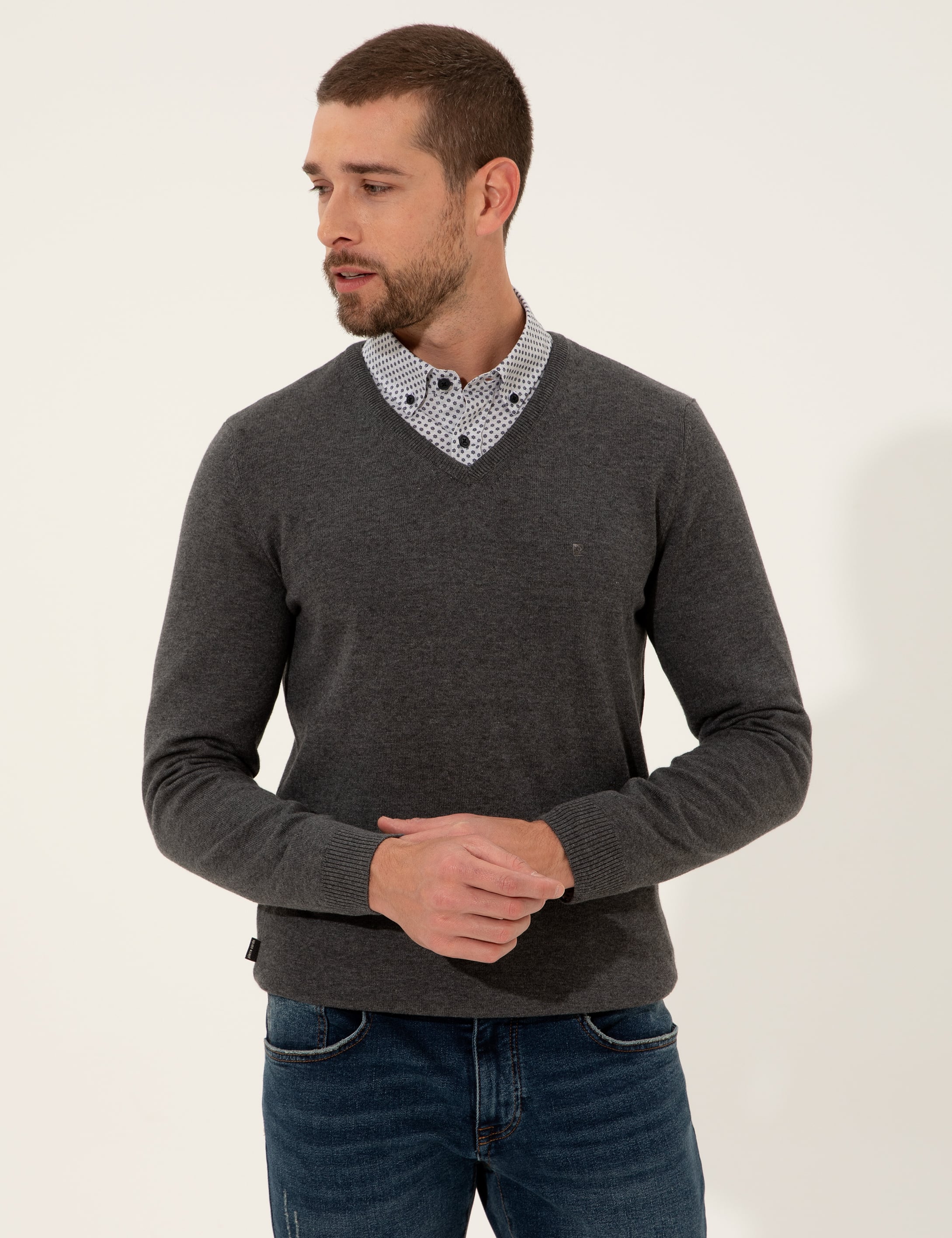 Gri Melanj Slim Fit V Yaka Basic Triko Kazak